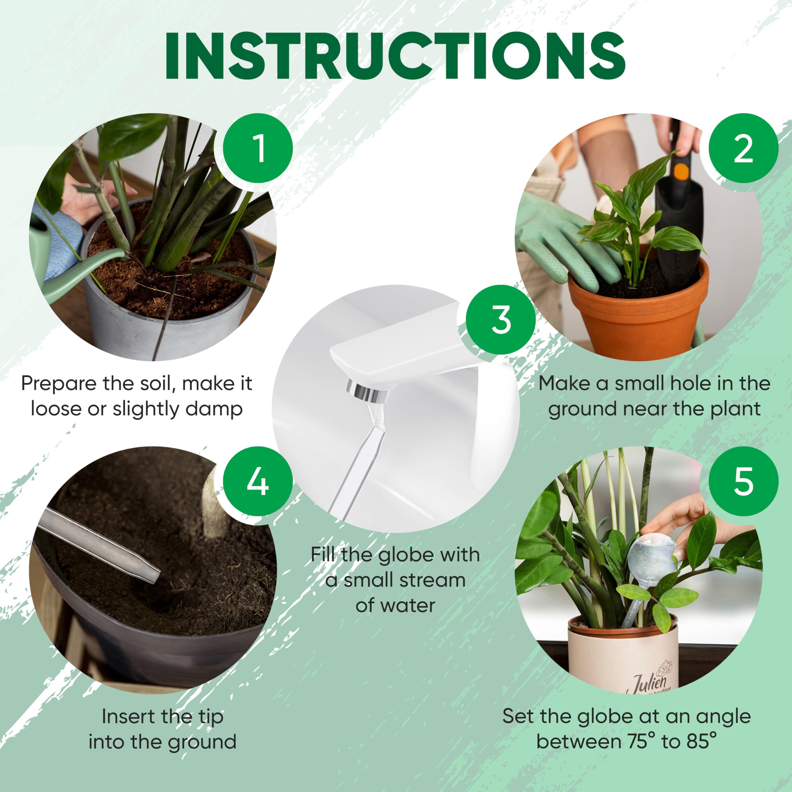 Mission Gallery watering globes displayed with potted plants