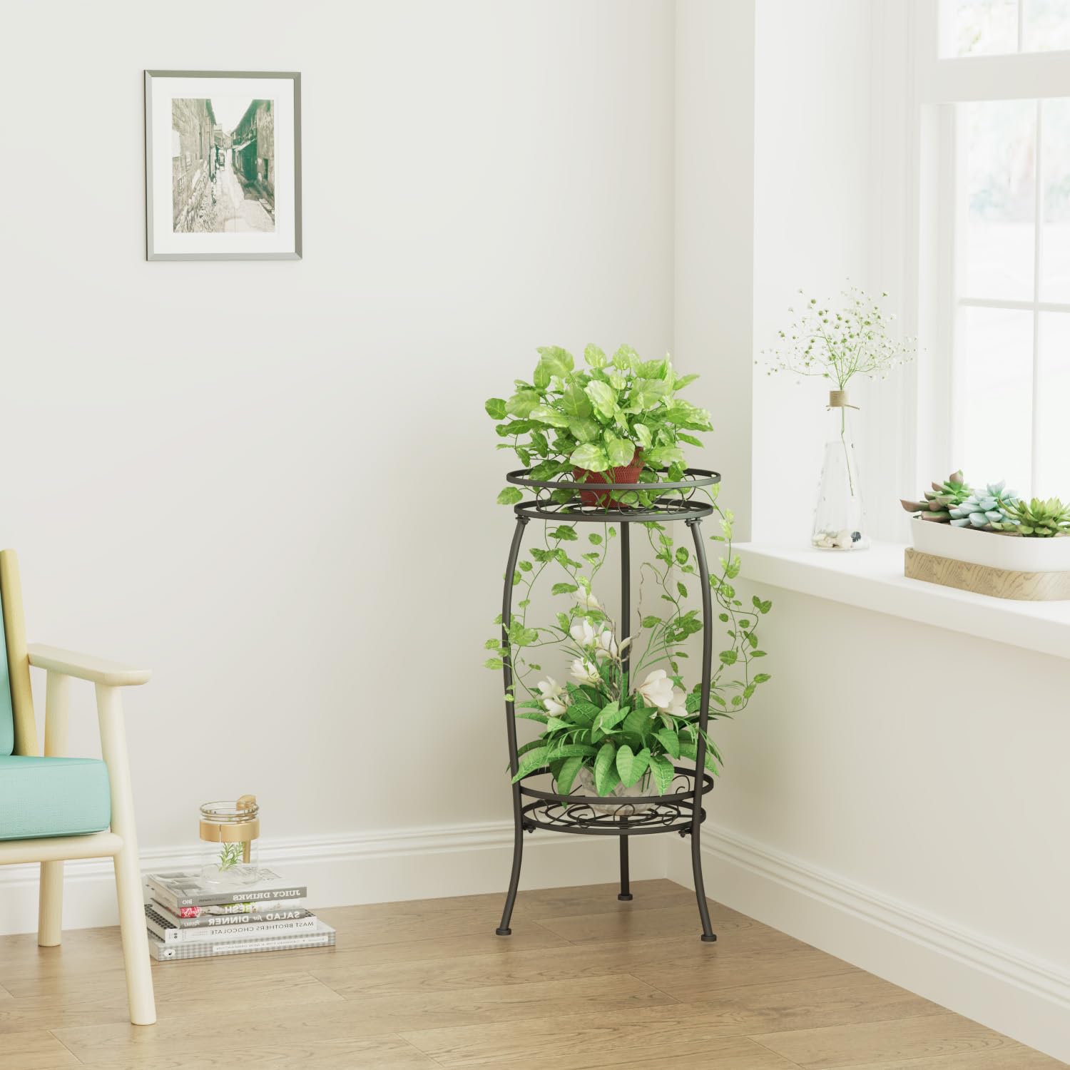 MissYolo black metal plant stand in office setting