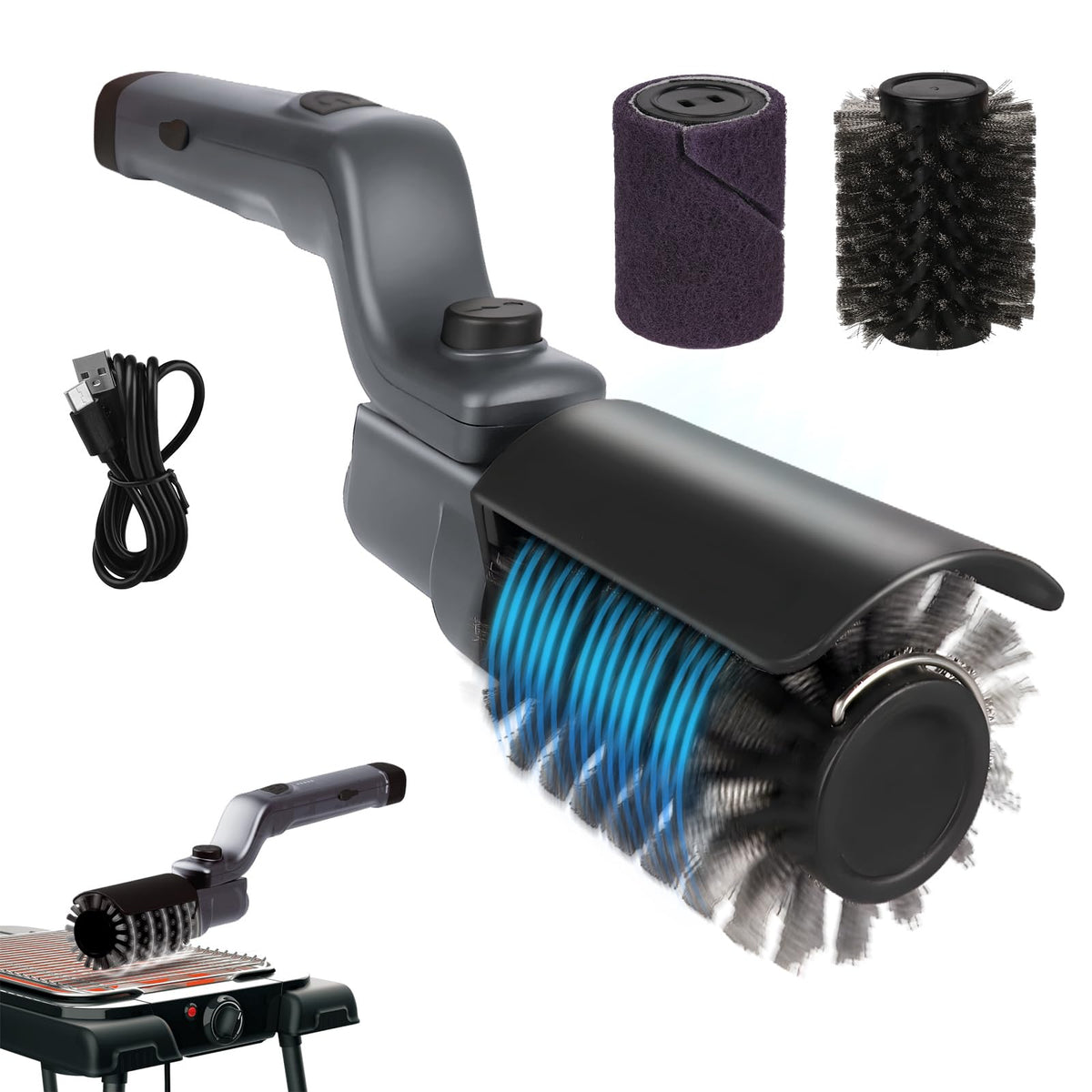 Mistcado Electric Grill Brush gray model front view with stainless steel head