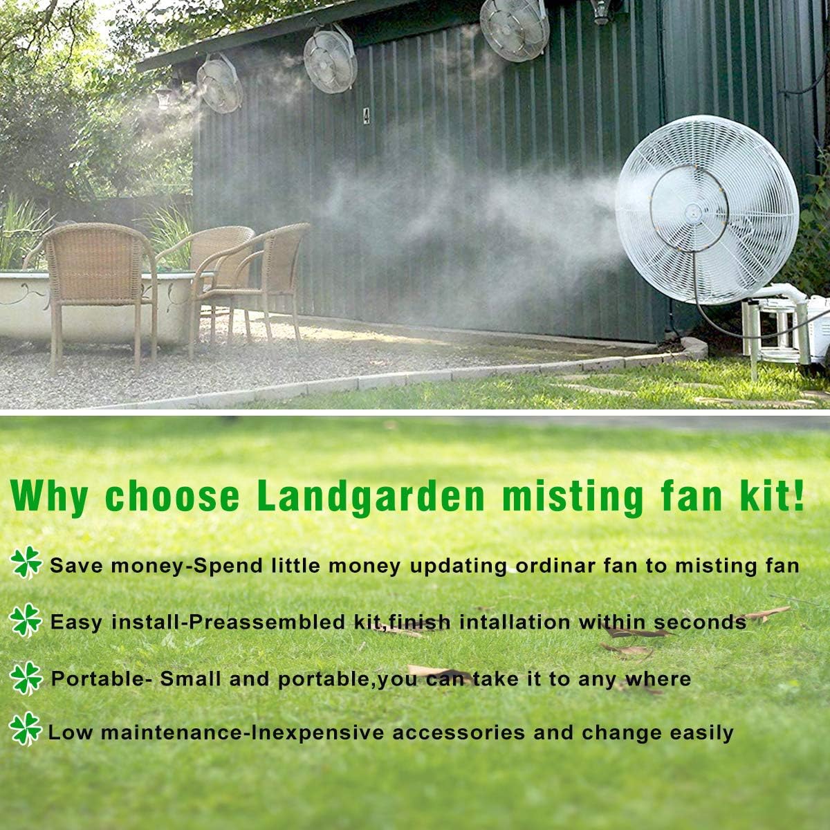 Misting fan kit connected to outdoor faucet