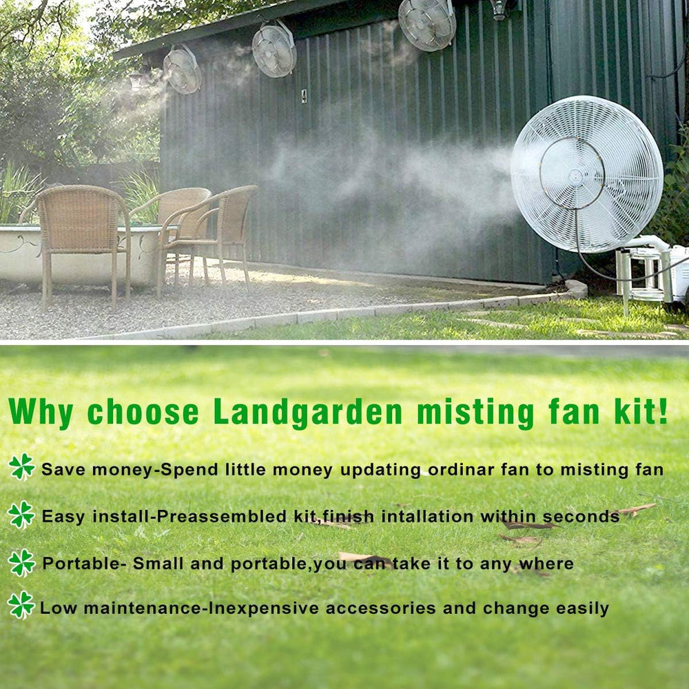 Misting fan kit connected to outdoor faucet