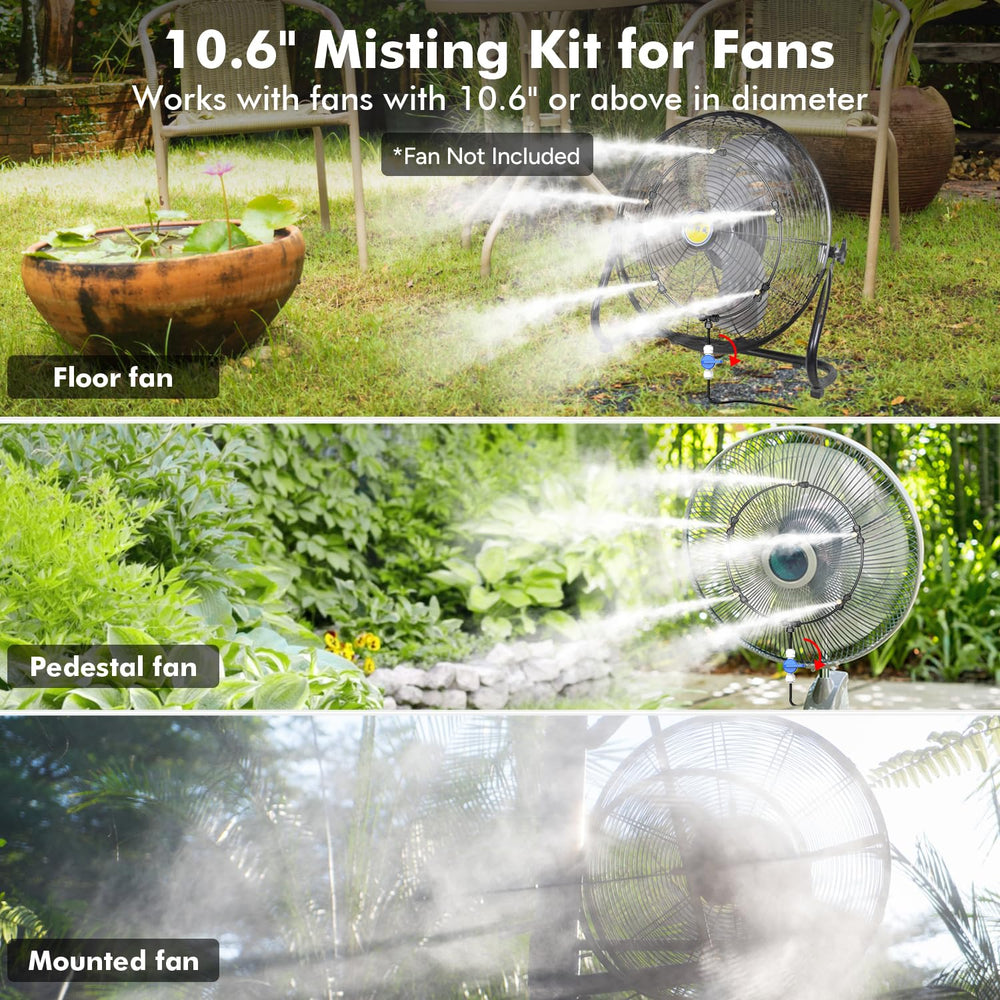 Misting ring secured on a fan with cable ties