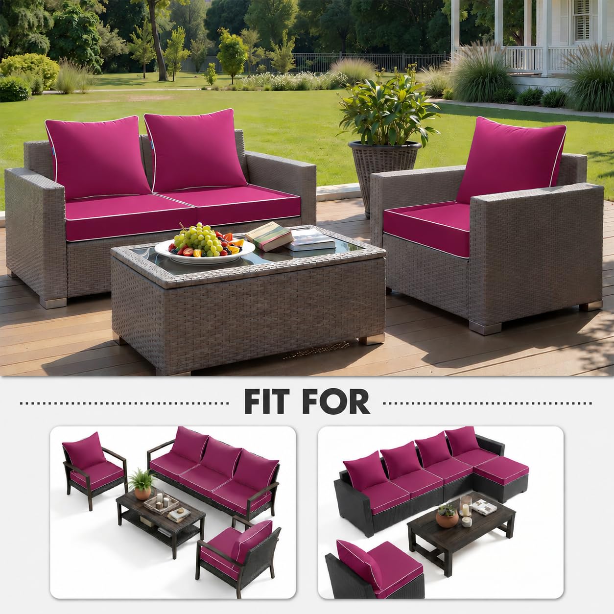 MIULEE Hot Pink Outdoor Seat Cushion in a garden setting