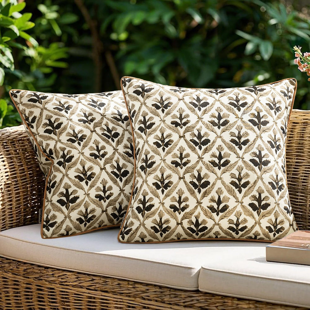 MIULEE Outdoor Floral Pillow Cover front view in coffe-brown