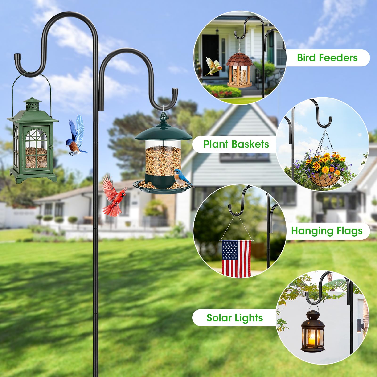 MIUVIBENI 95 Inch Double Shepherds Hook with bird feeder hanging