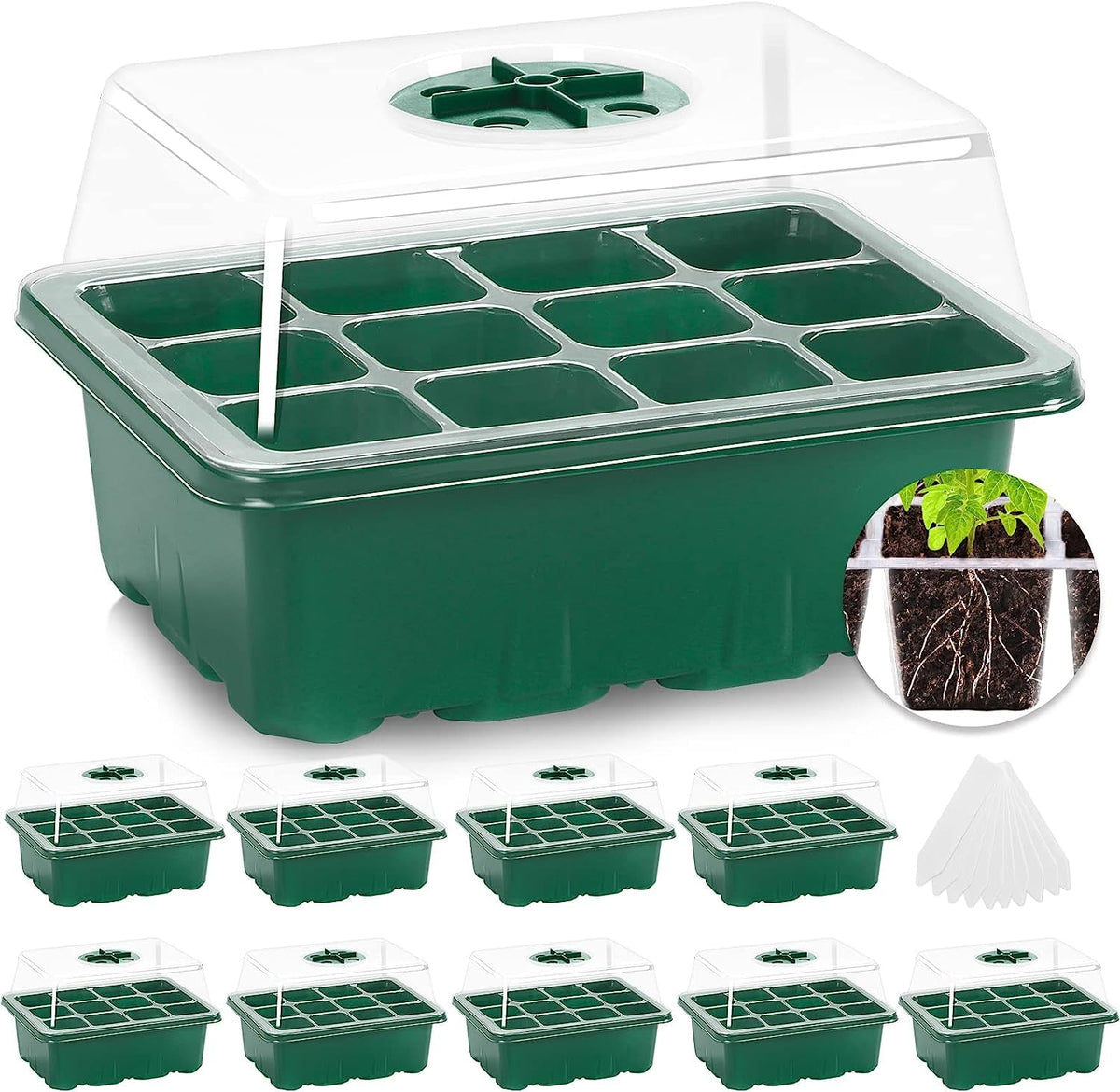 MIXC 10 Pack Seed Starter Tray Kit with humidity dome front view