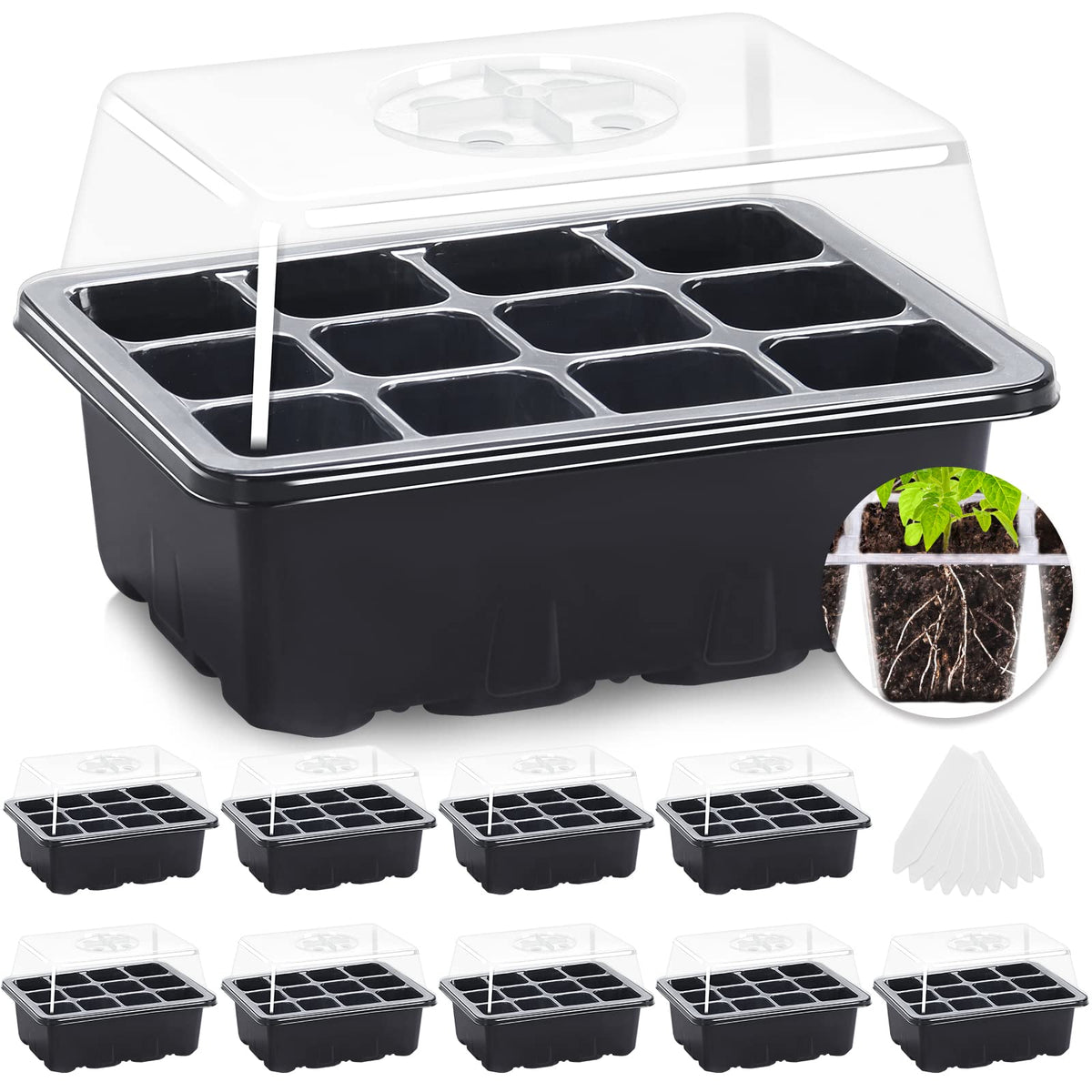 MIXC 10 Pack Seed Starter Tray with humidity dome and black base