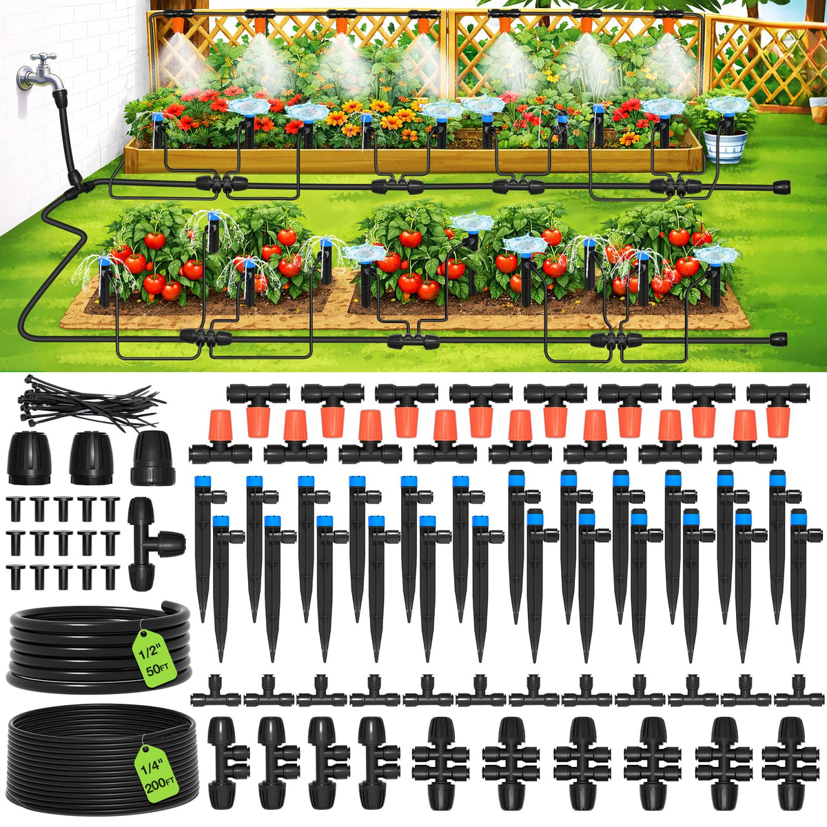 MIXC 250FT Drip Irrigation System Kit components laid out