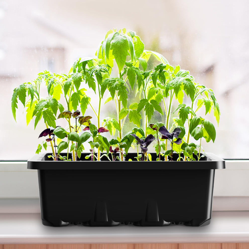 MIXC black seed starter tray in a garden setting