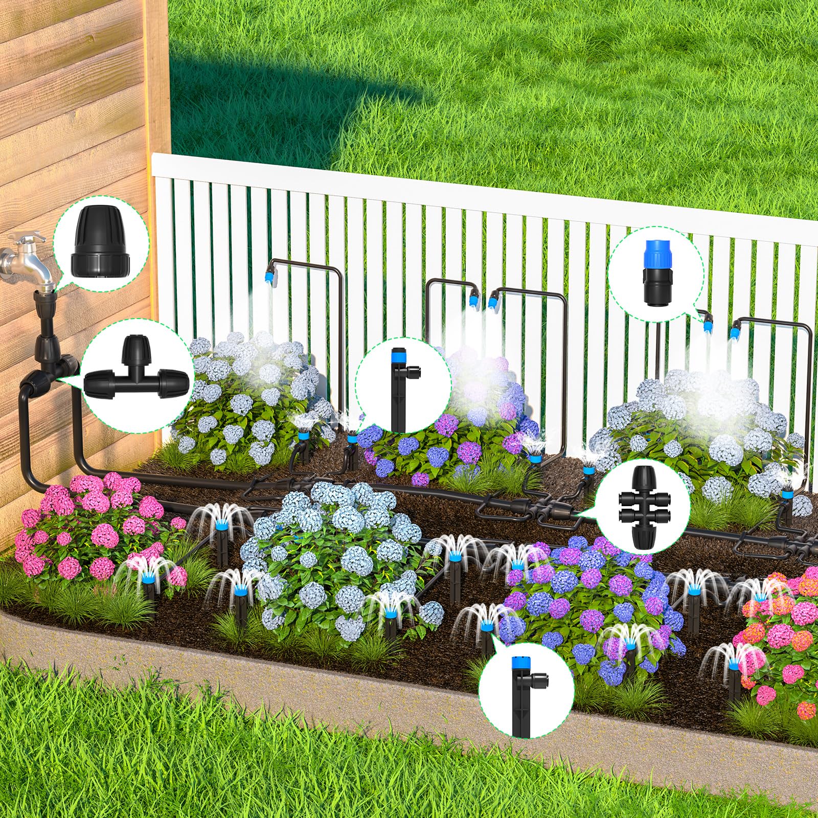 MIXC drip irrigation system with various connectors and tubes