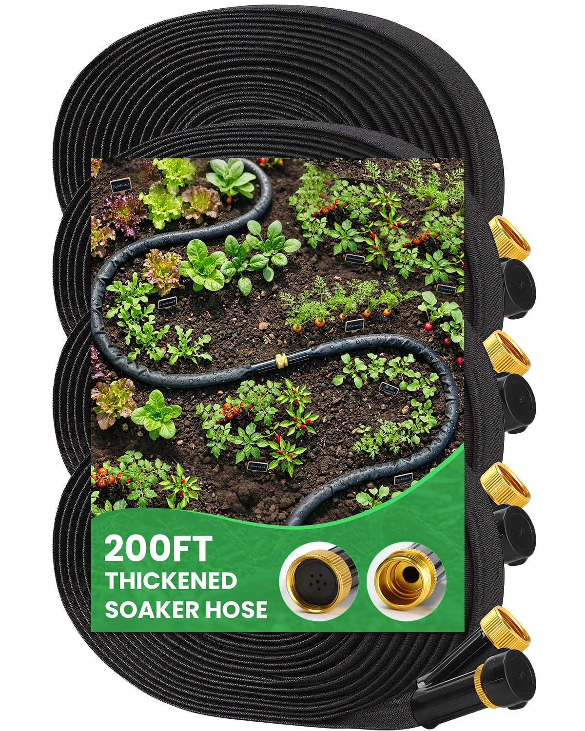 MIXC Thickened Flat Soaker Hose 200Ft black hose with copper joints front view