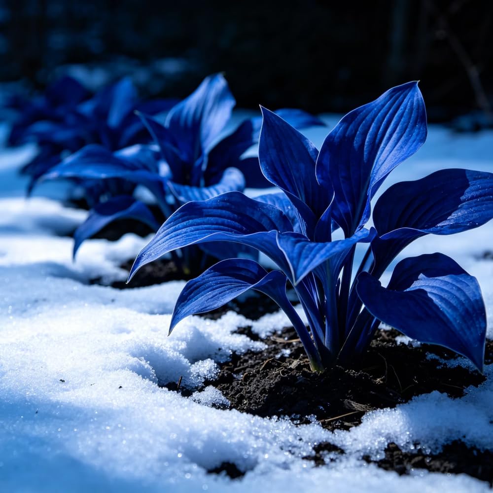 Mixed colour Hosta leaves in shaded garden