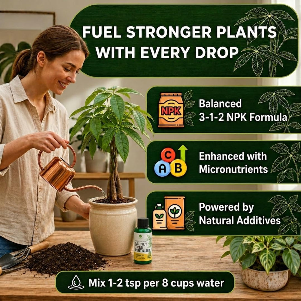 Mixing Leaves and Soul Money Tree Fertilizer with water