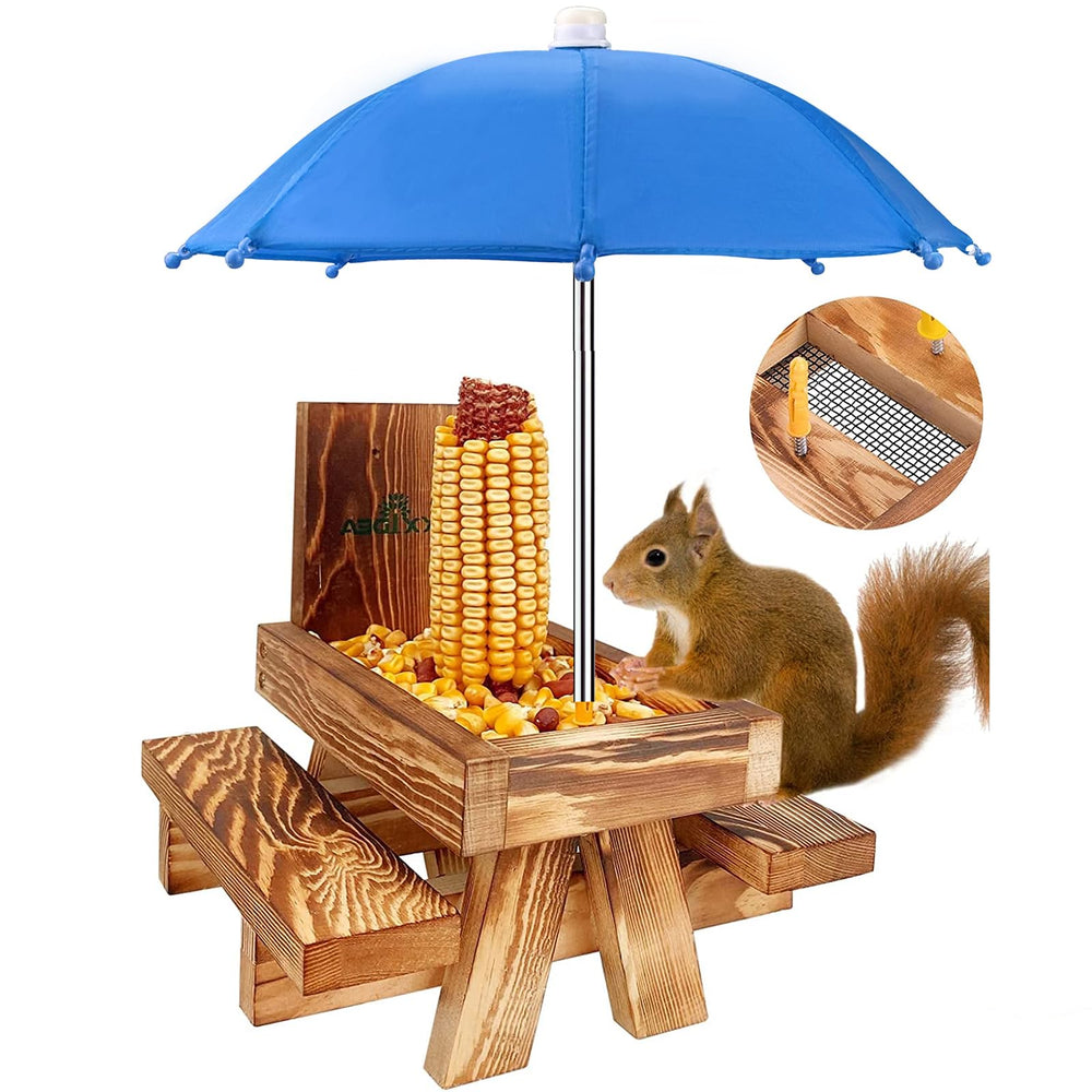 MIXXIDEA squirrel feeder picnic table with blue umbrella
