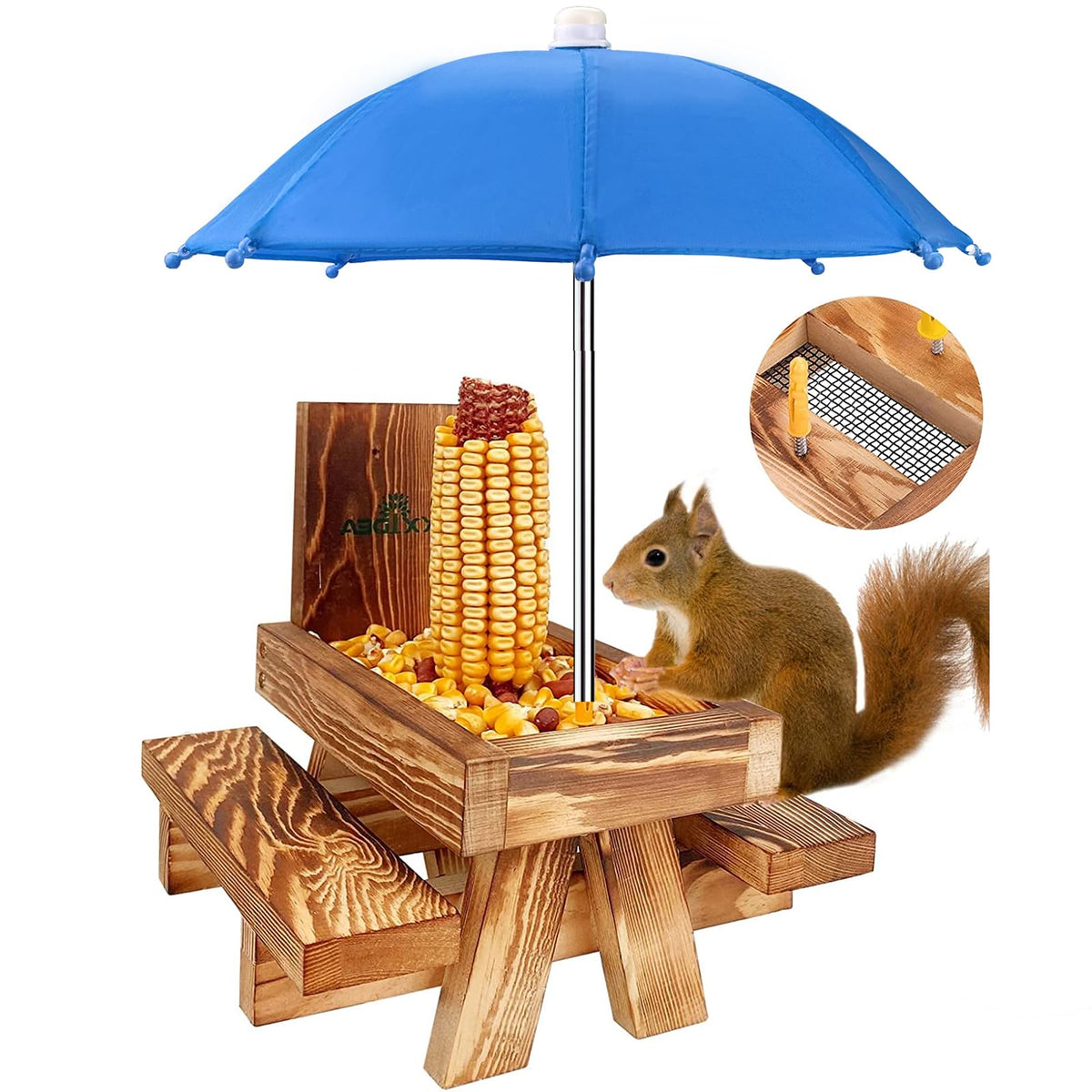 MIXXIDEA squirrel feeder picnic table with blue umbrella