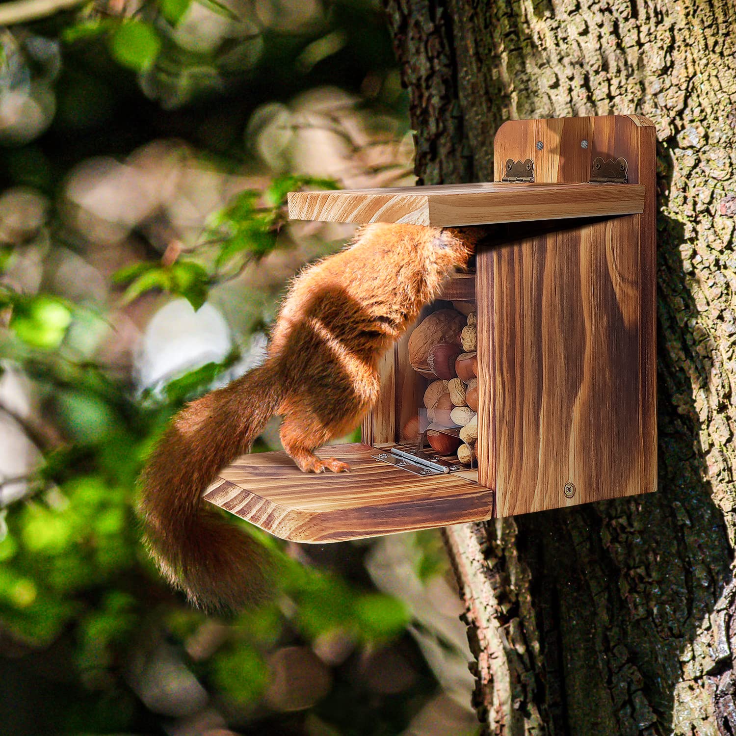 MIXXIDEA Wooden Squirrel Feeder in a garden setting