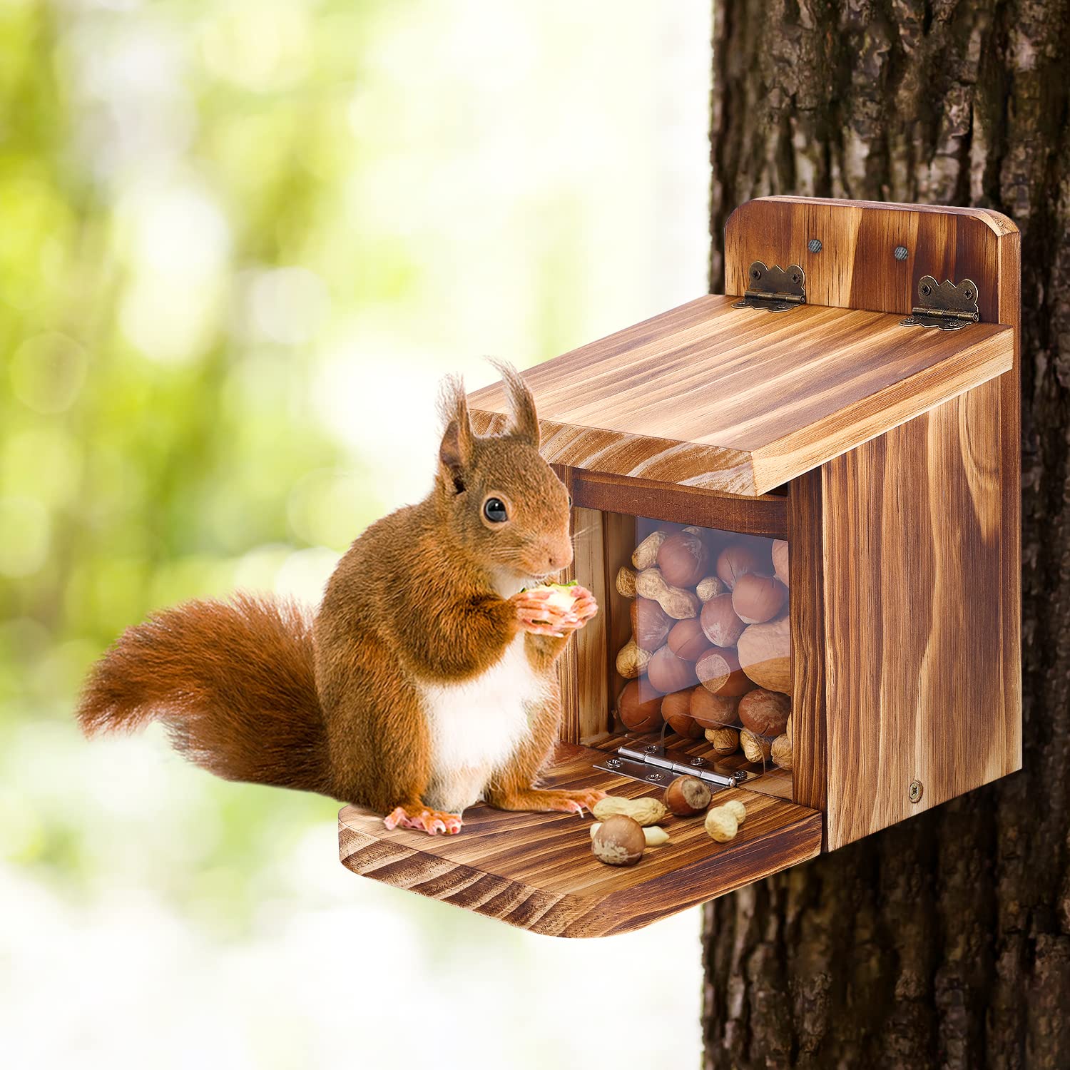 MIXXIDEA Wooden Squirrel Feeder with food inside