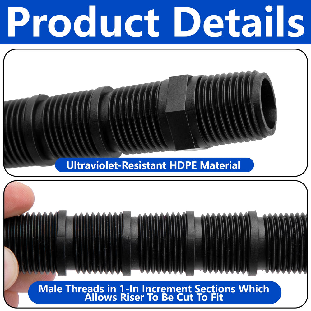 Mizelu 5.8" sprinkler riser next to standard garden tools