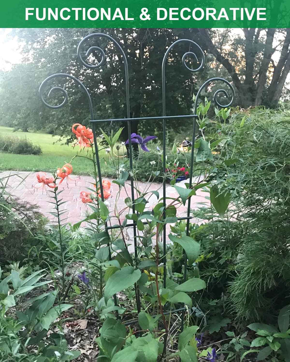 Mklsit trellis set against a flowerbed with climbing vines