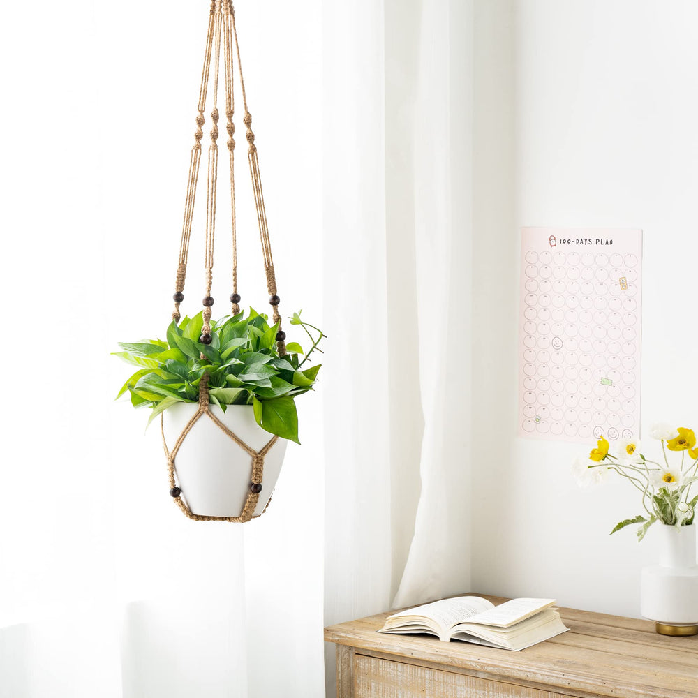 Mkono 43 Inch Macrame Plant Hanger hanging in a living room