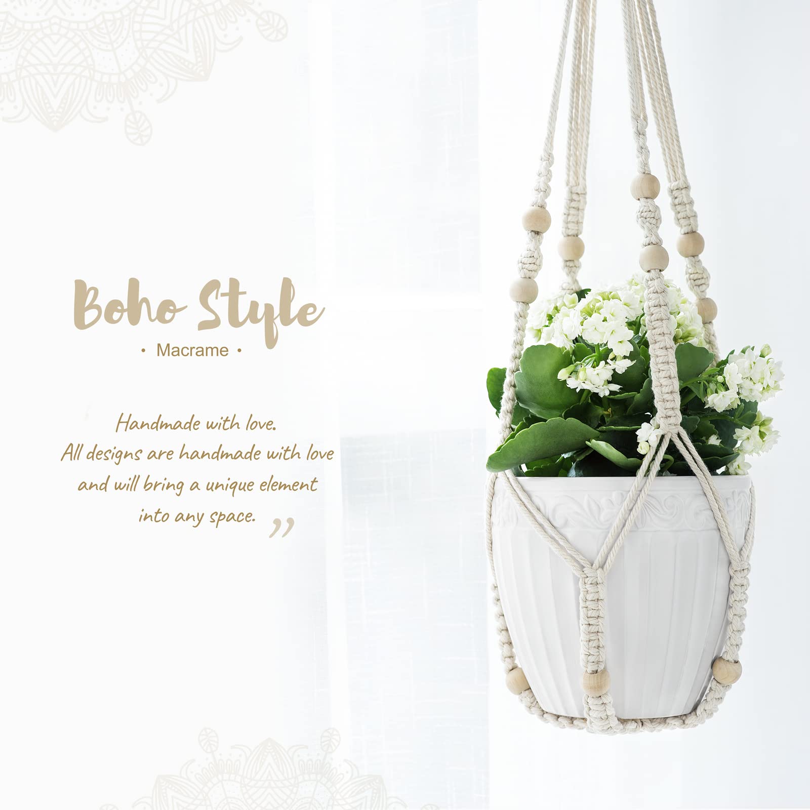 Mkono Macrame Plant Hanger 35 Inch hanging on a patio