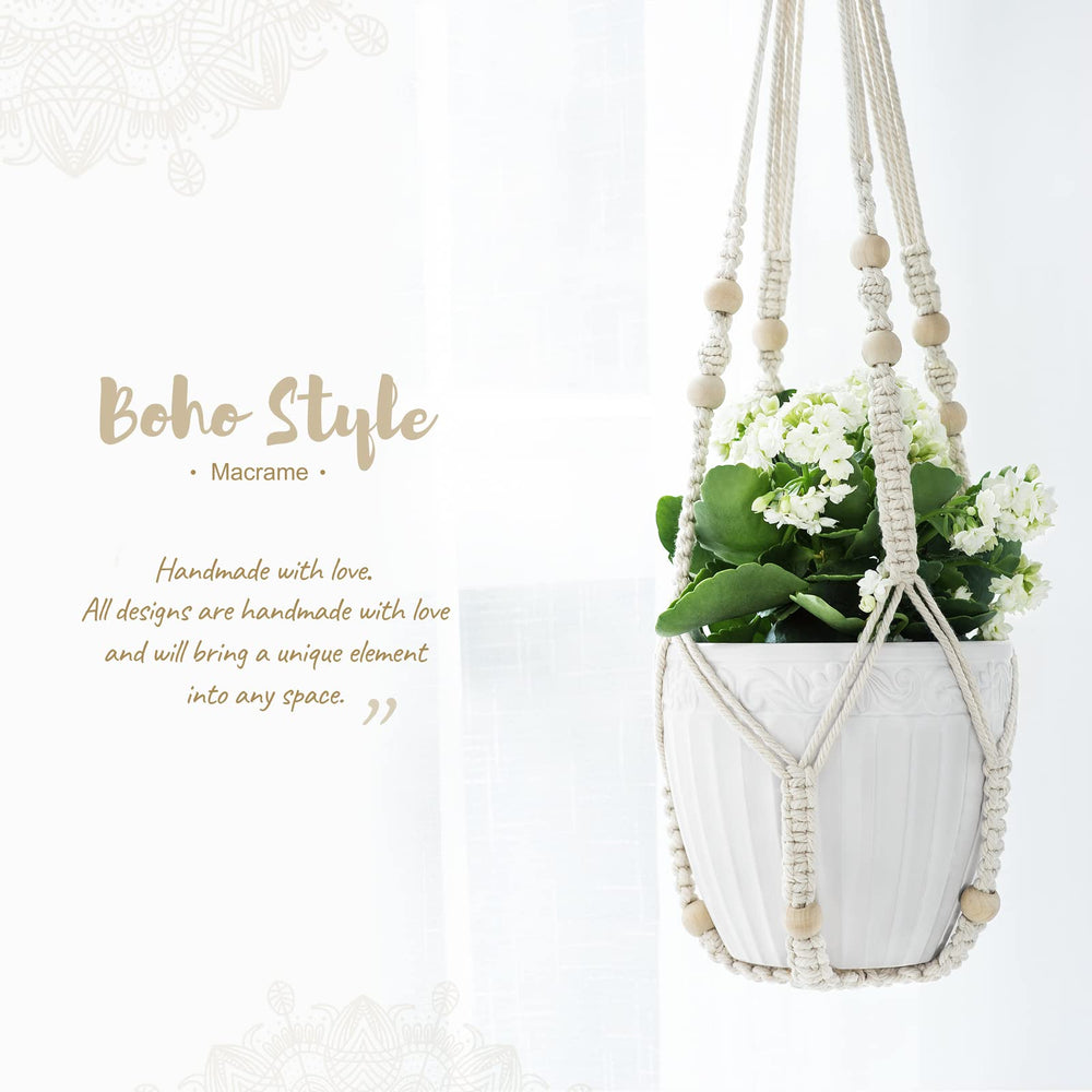 Mkono Macrame Plant Hanger 35 Inch hanging on a patio
