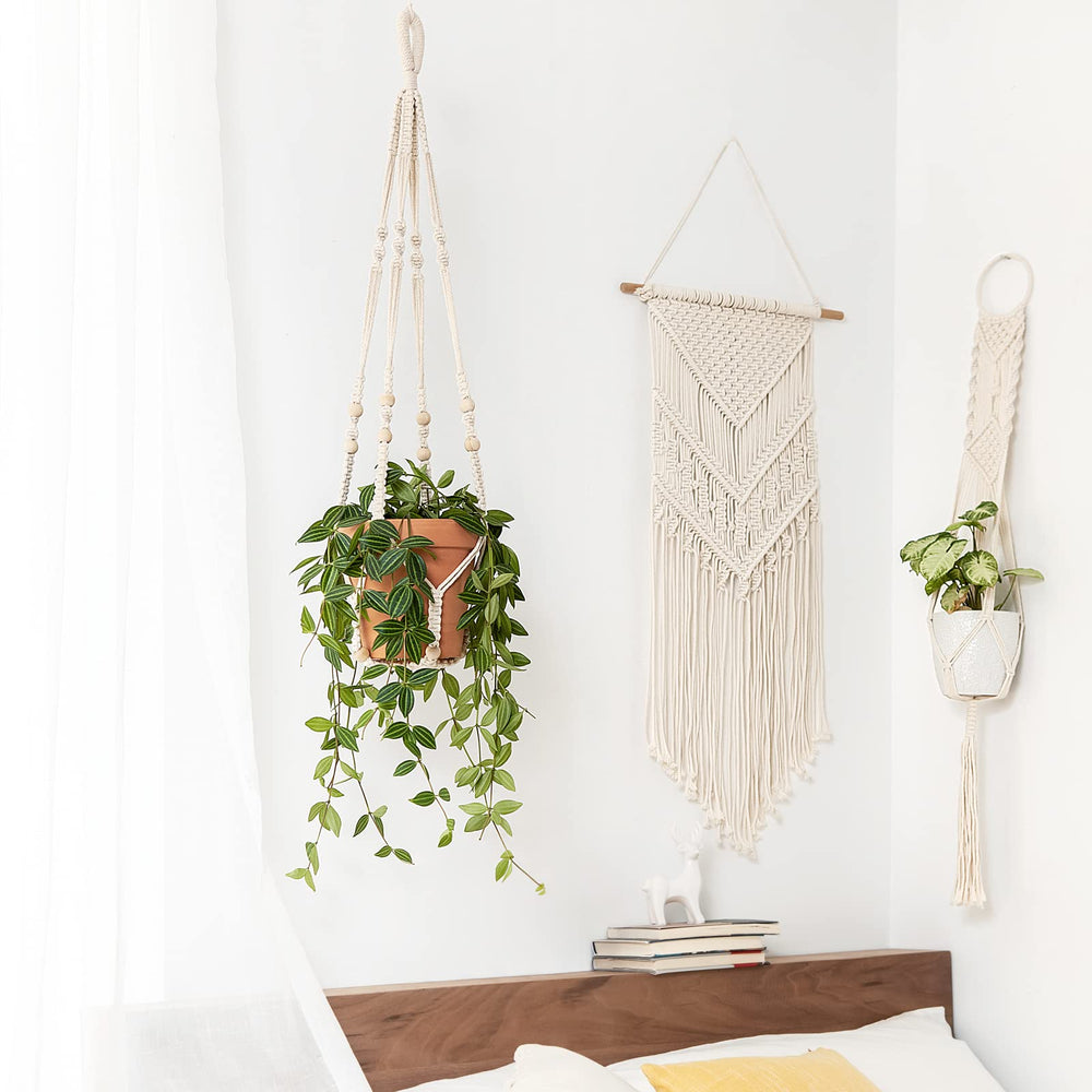 Mkono Macrame Plant Hanger 35 Inch Ivory with plant in a living room