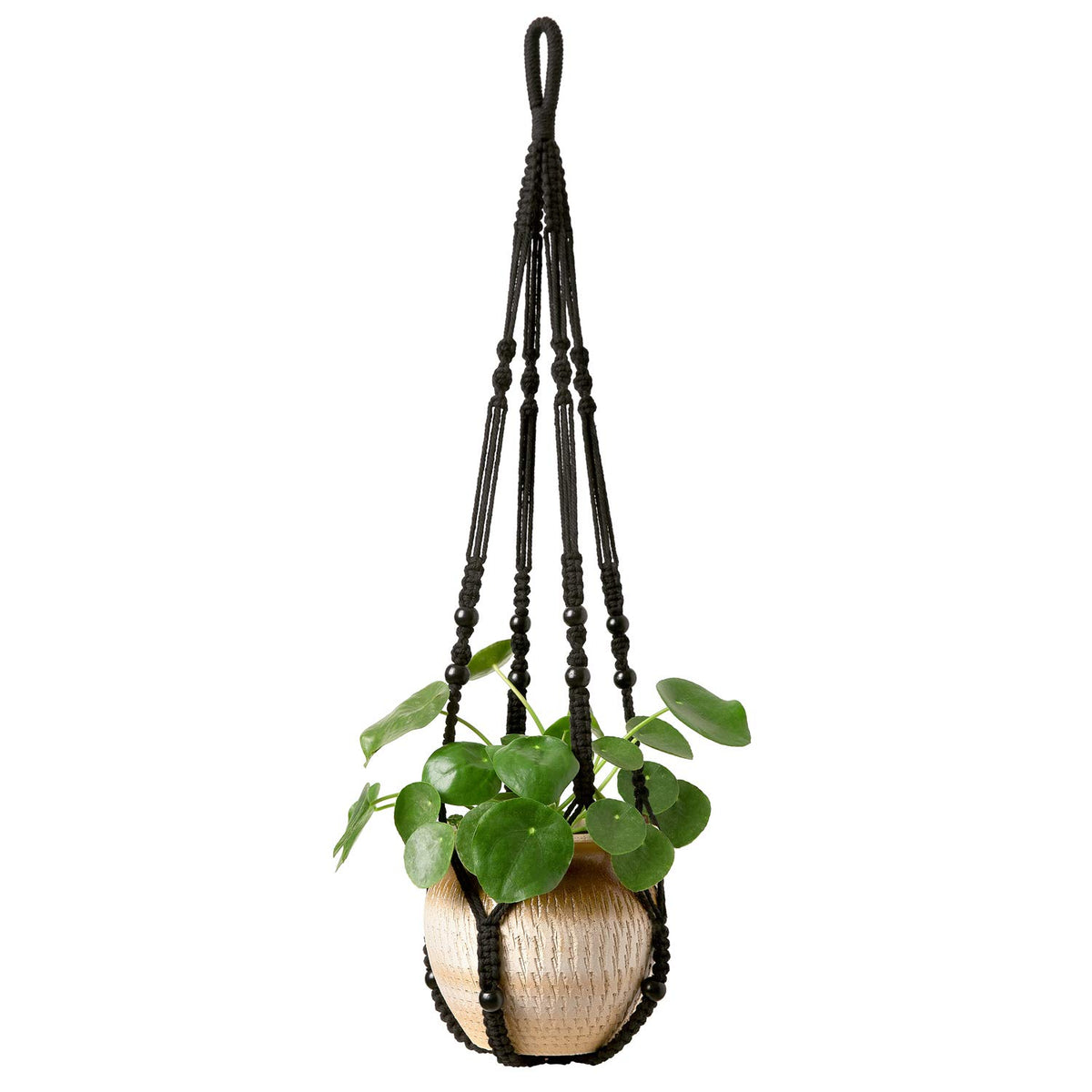 Mkono macrame plant hanger black cotton 35 inches front view