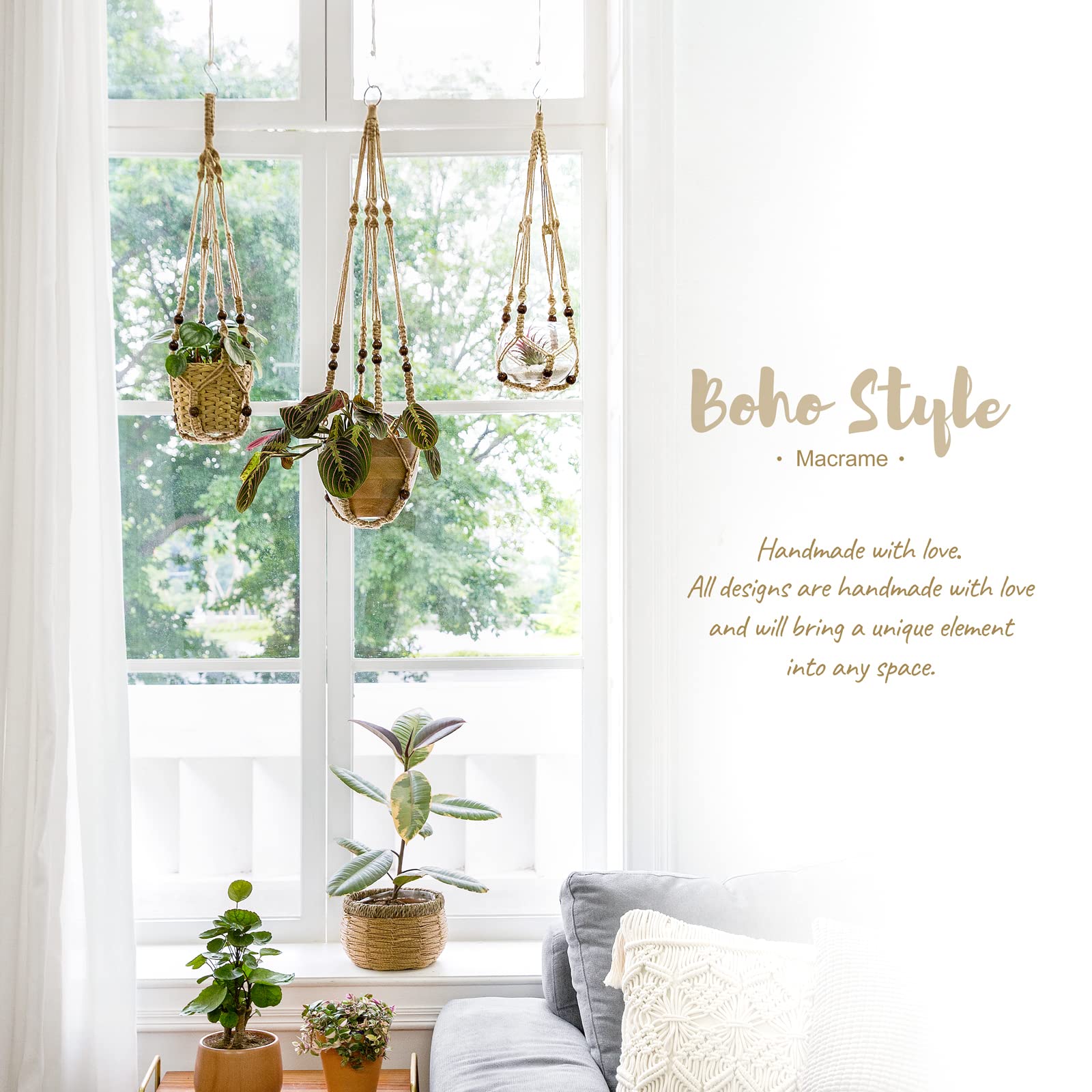 Mkono macrame plant hanger hanging from a balcony
