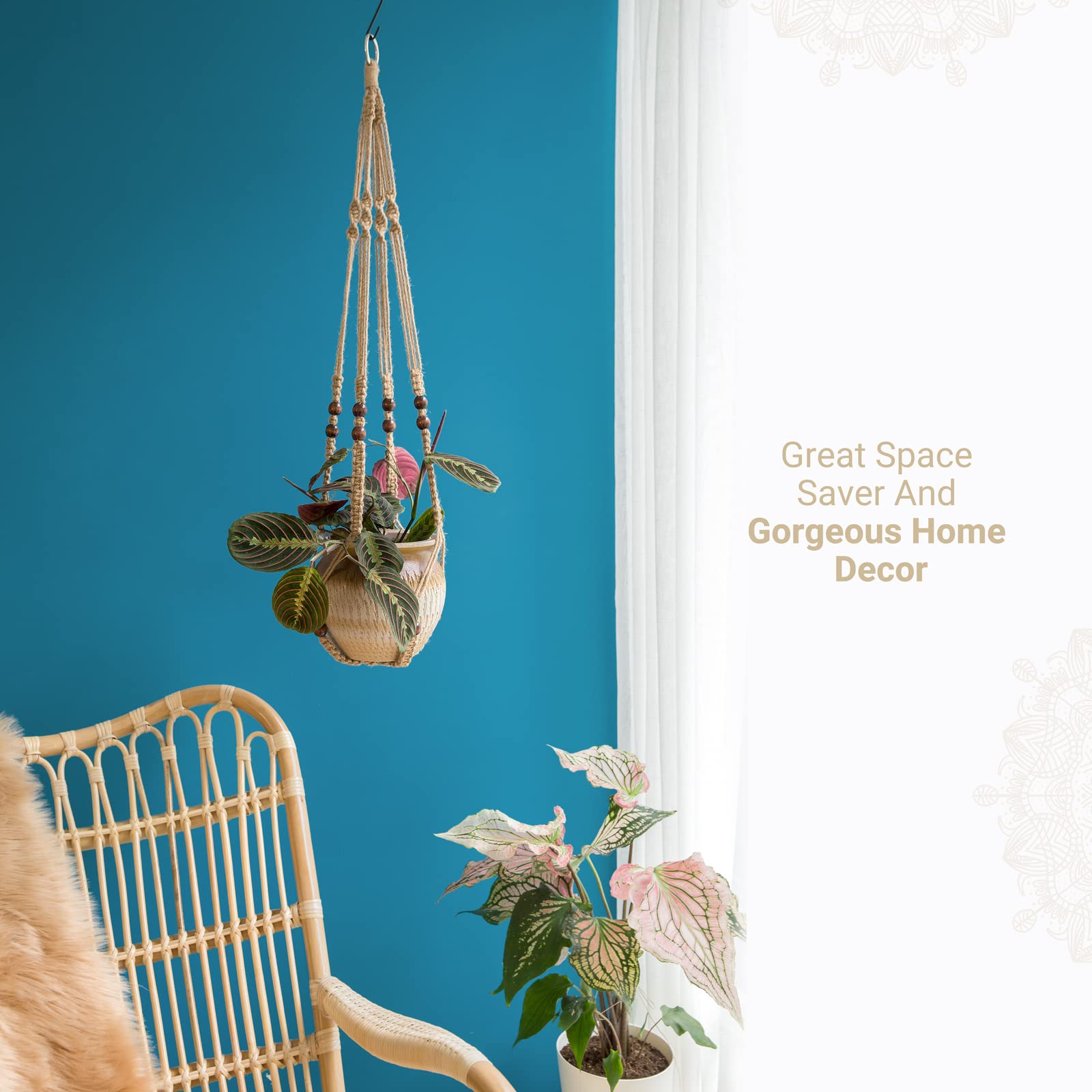 Mkono macrame plant hanger hanging from a curtain rod