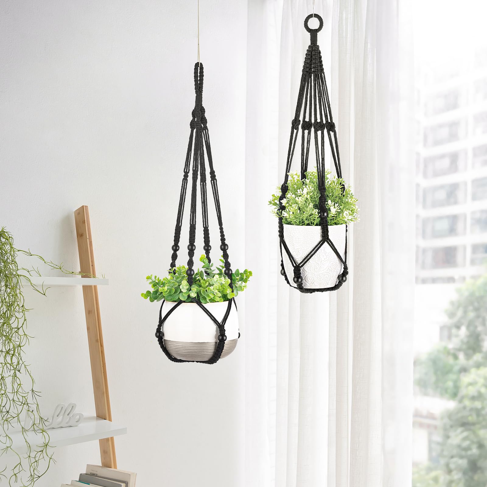 Mkono macrame plant hanger installed by a window