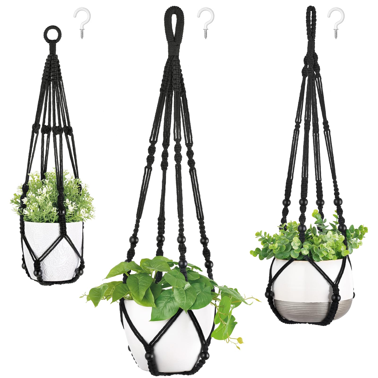 Mkono macrame plant hangers in black, various lengths 35", 29", 23"