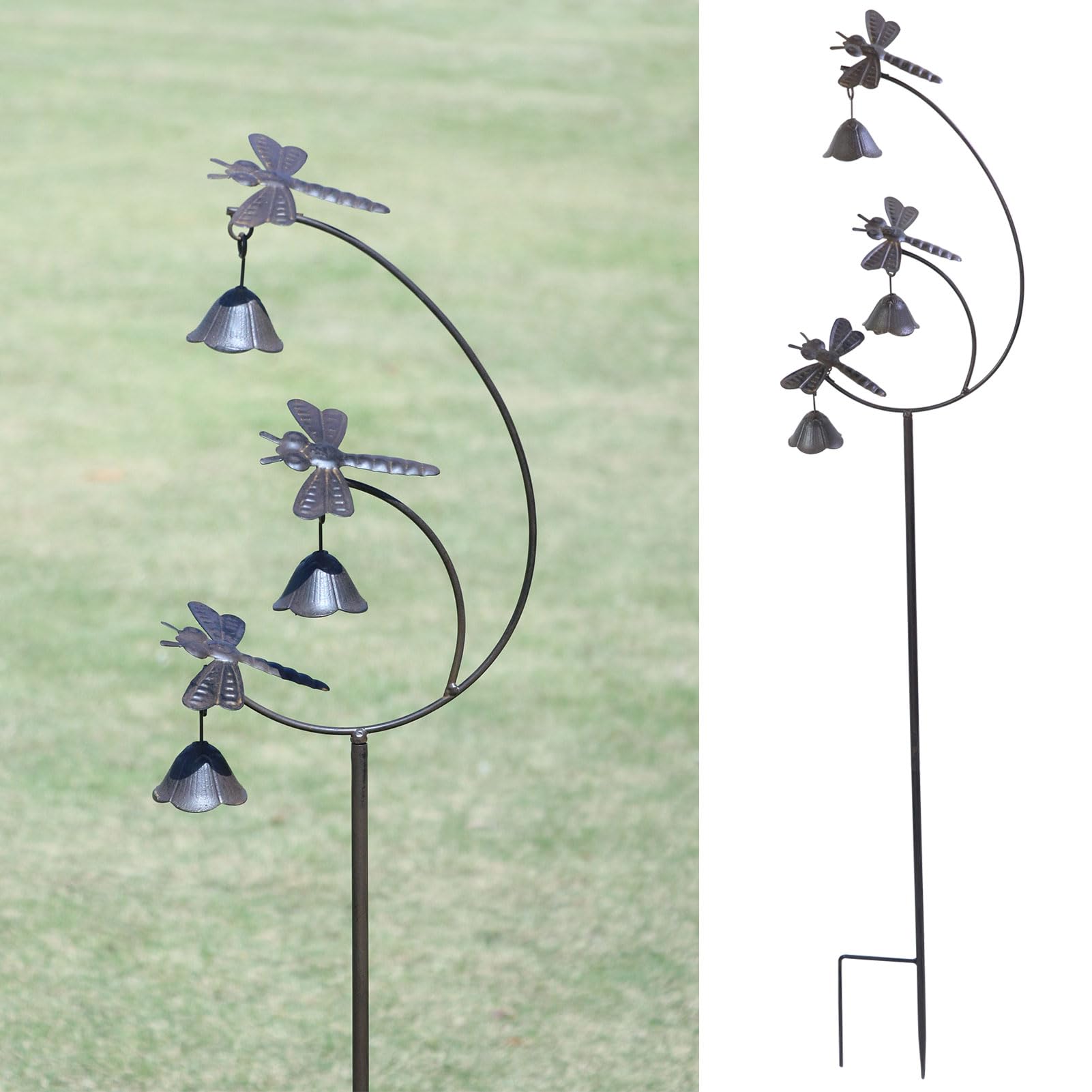 MNRYLKB Metal Dragonfly Garden Stake with wind chimes in rust color