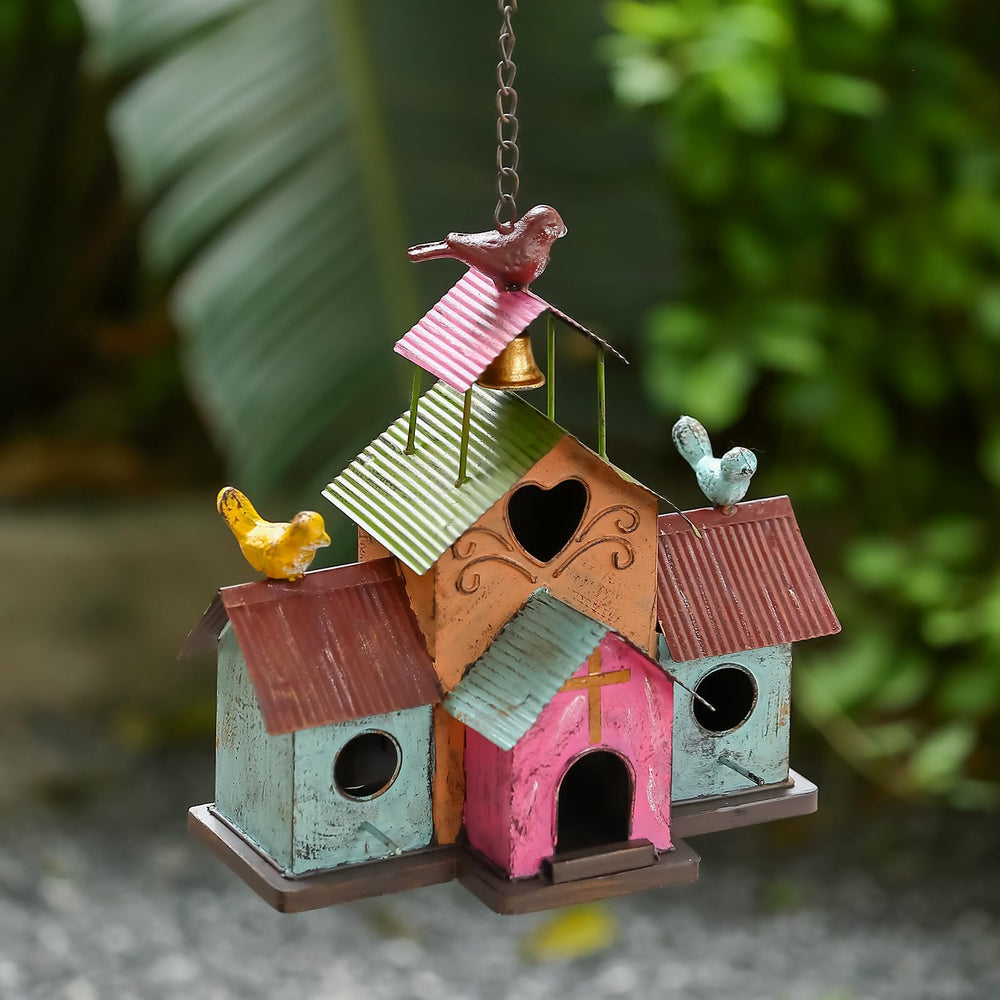 MOCOME bird house showing dimensions and colorful paint