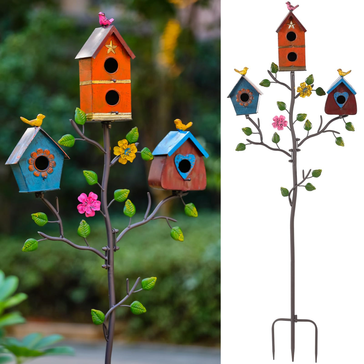 MOCOME Multi-Bird House colorful design with flowers and stake