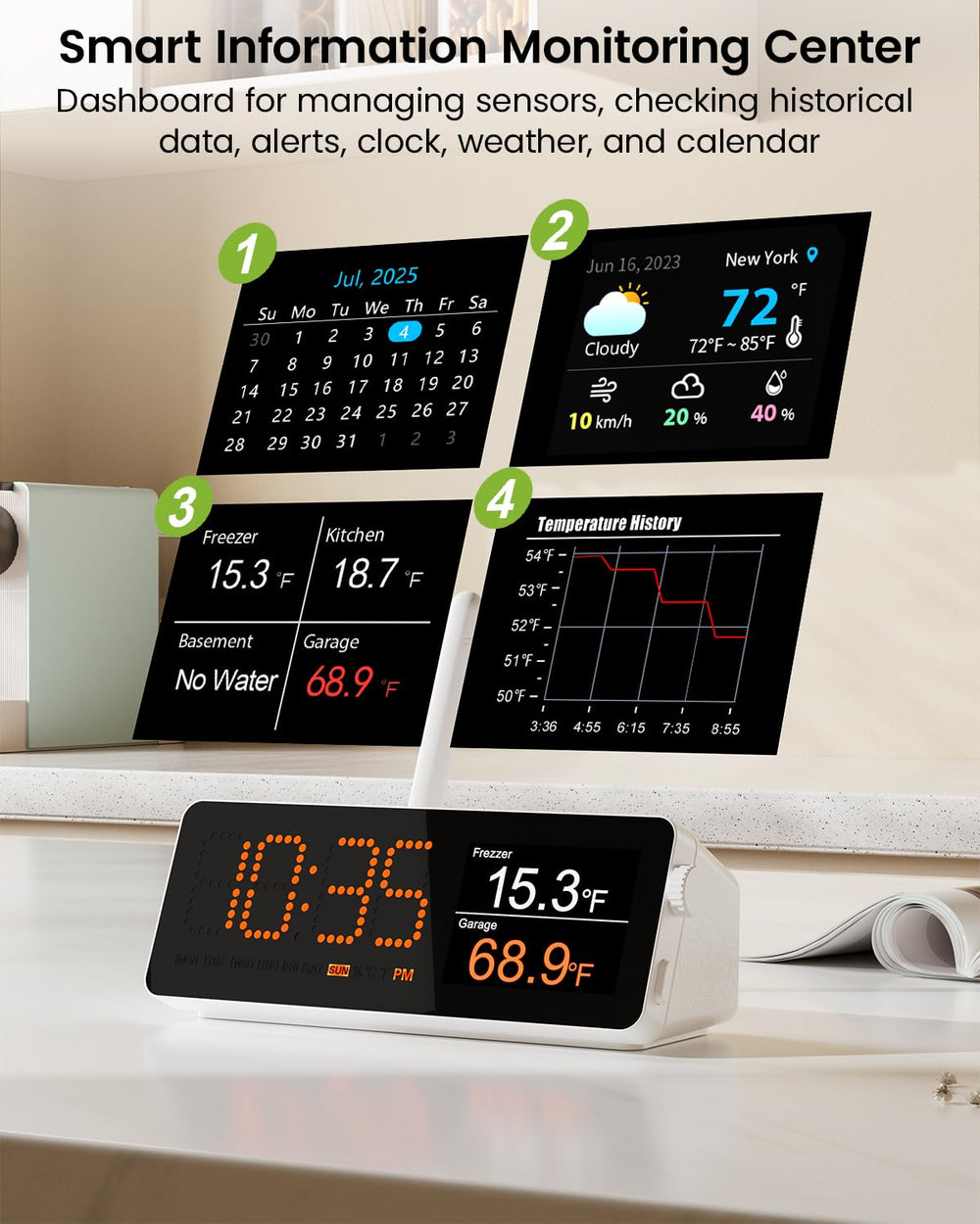 MOCREO thermometer with LCD display and historical data graph
