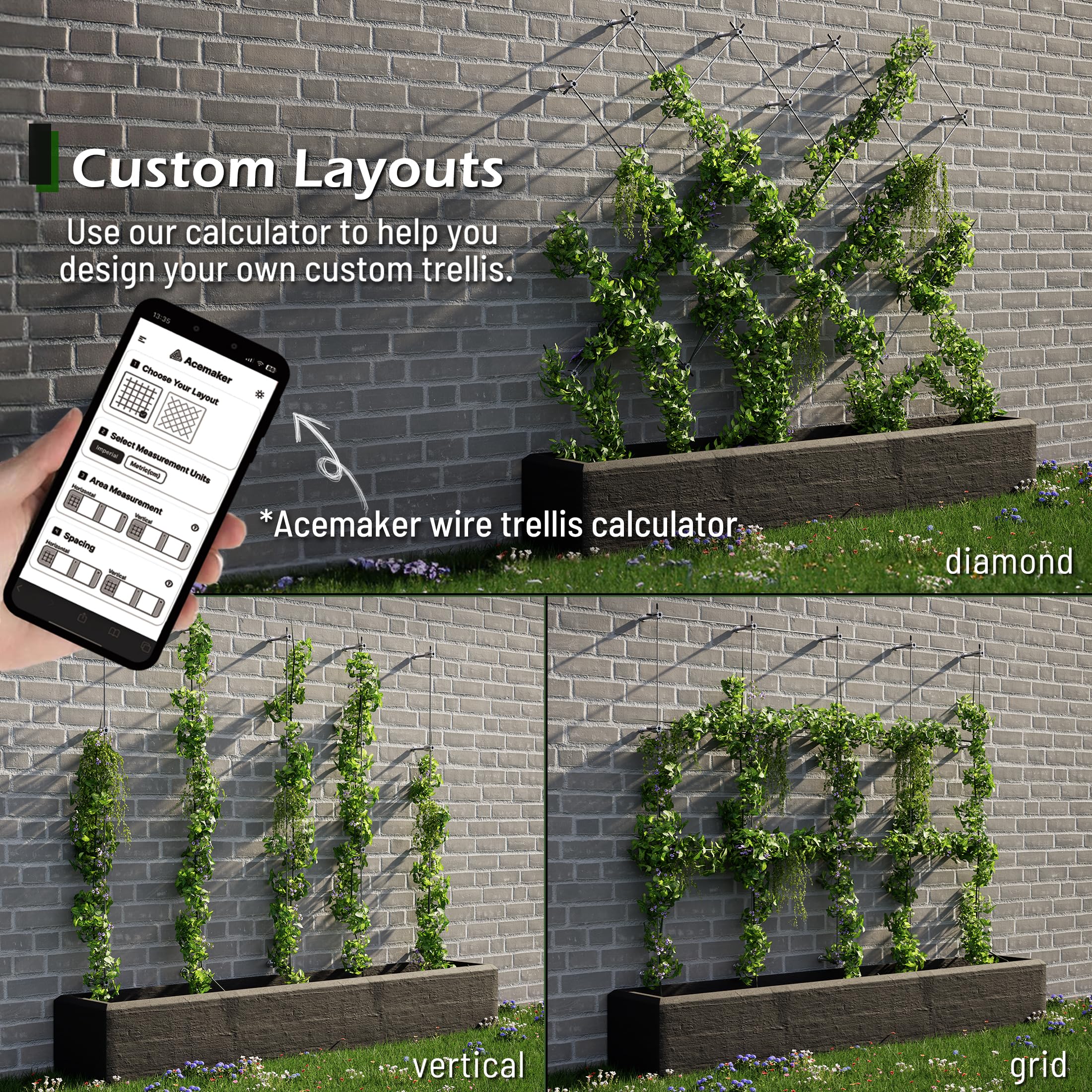 Modern design of Acemaker wire trellis kit installed on a wall
