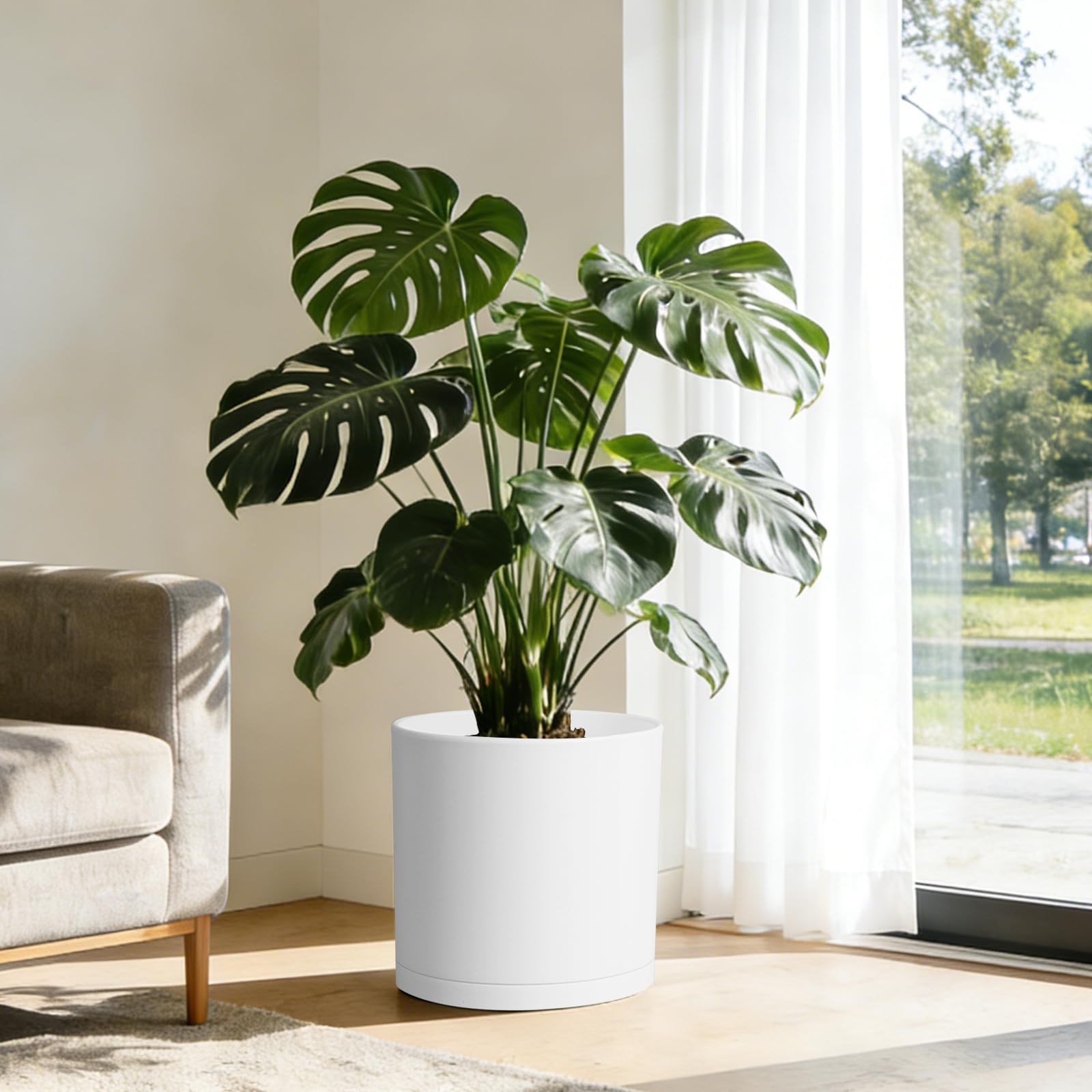 Modern design of WSMKSZ 14 inch planter with plants in an office setting