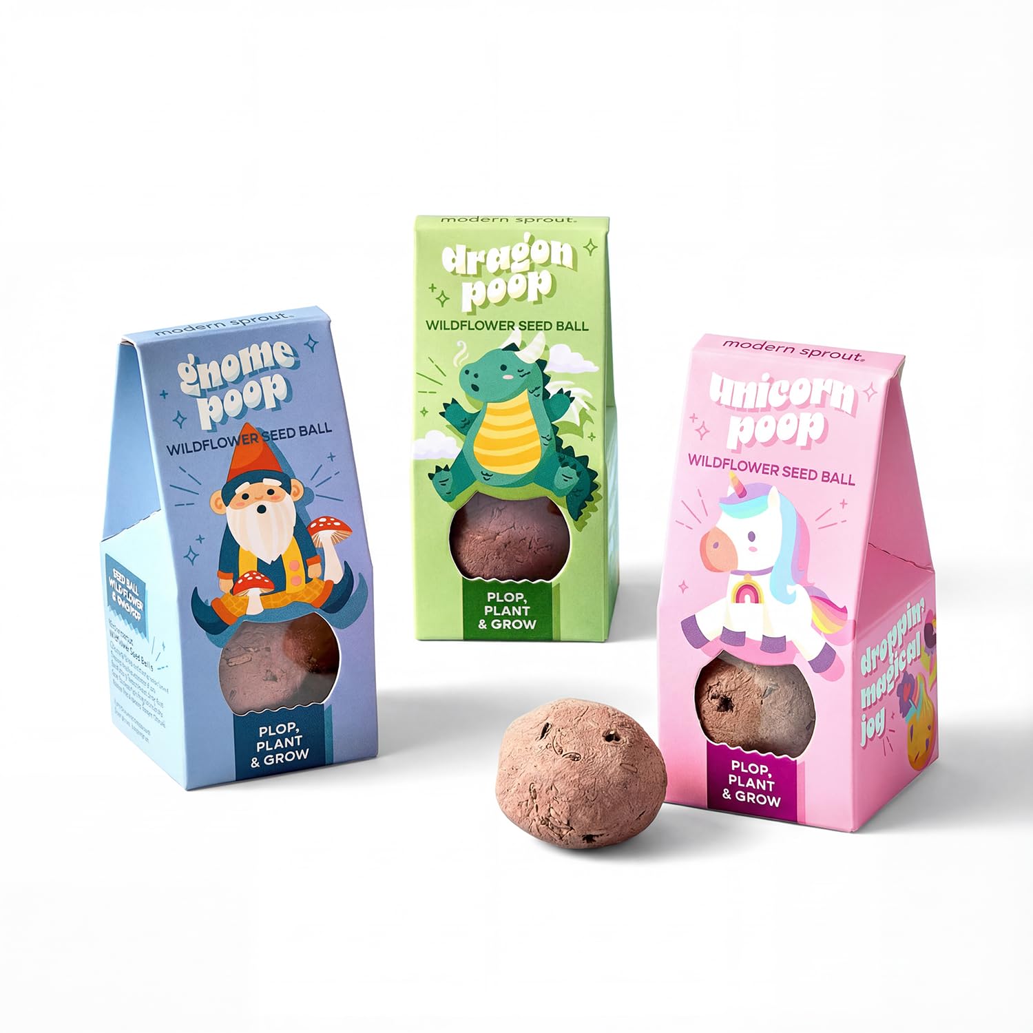 Modern Sprout Wildflower Seed Ball Poop pack with Dragon, Unicorn, and Gnome designs