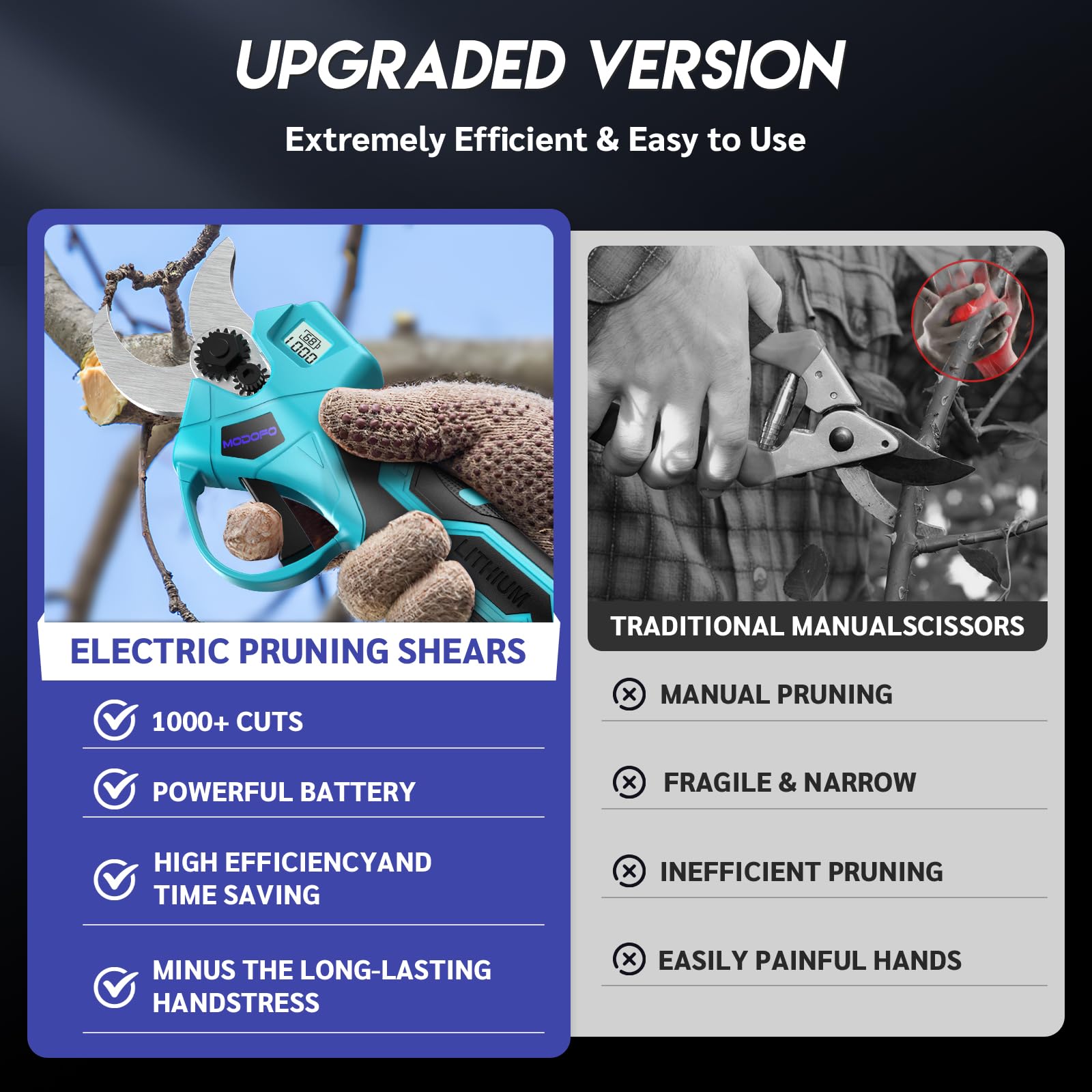 MODOFO electric pruning shears in use on garden branches