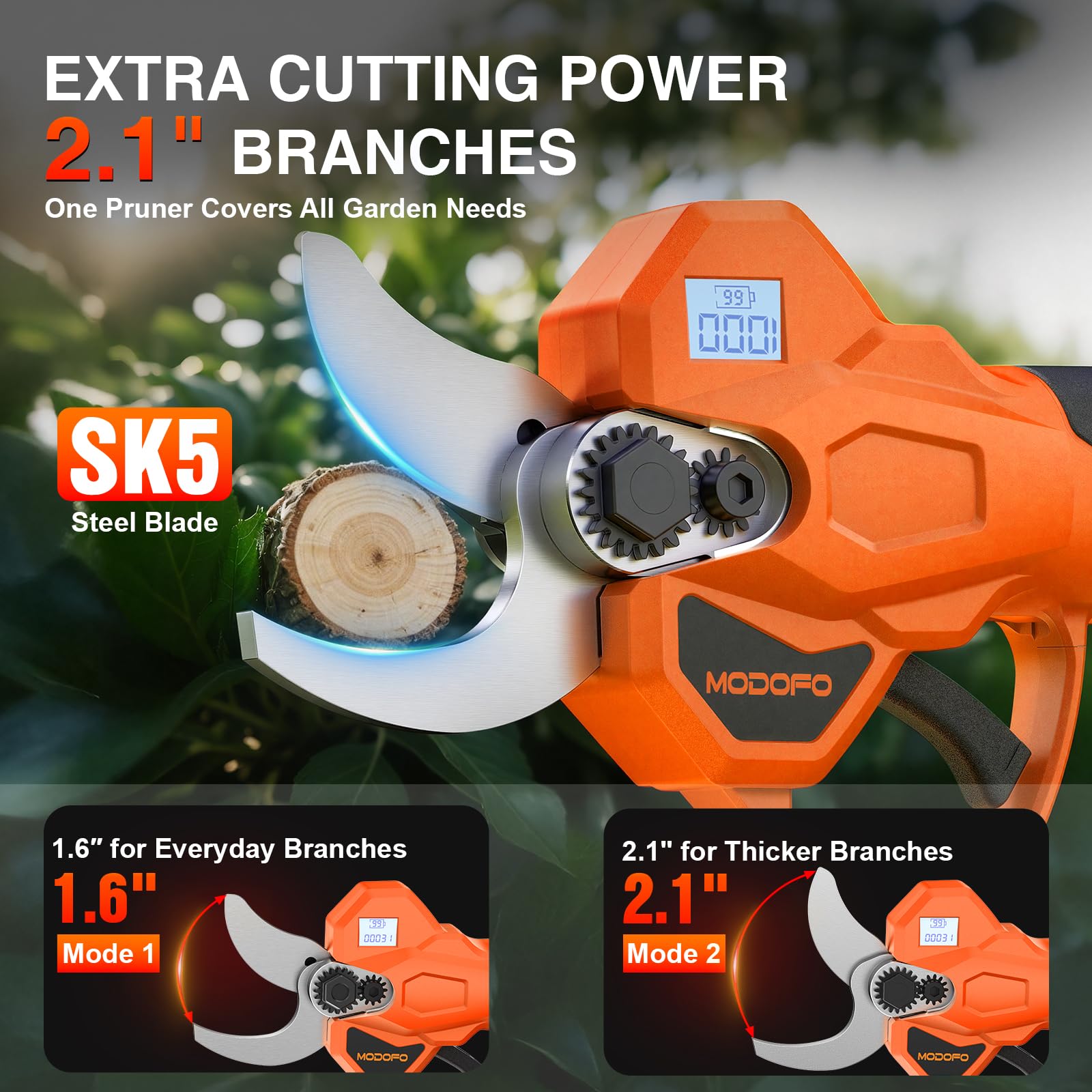 MODOFO Electric Pruning Shears side view showing cutting blade