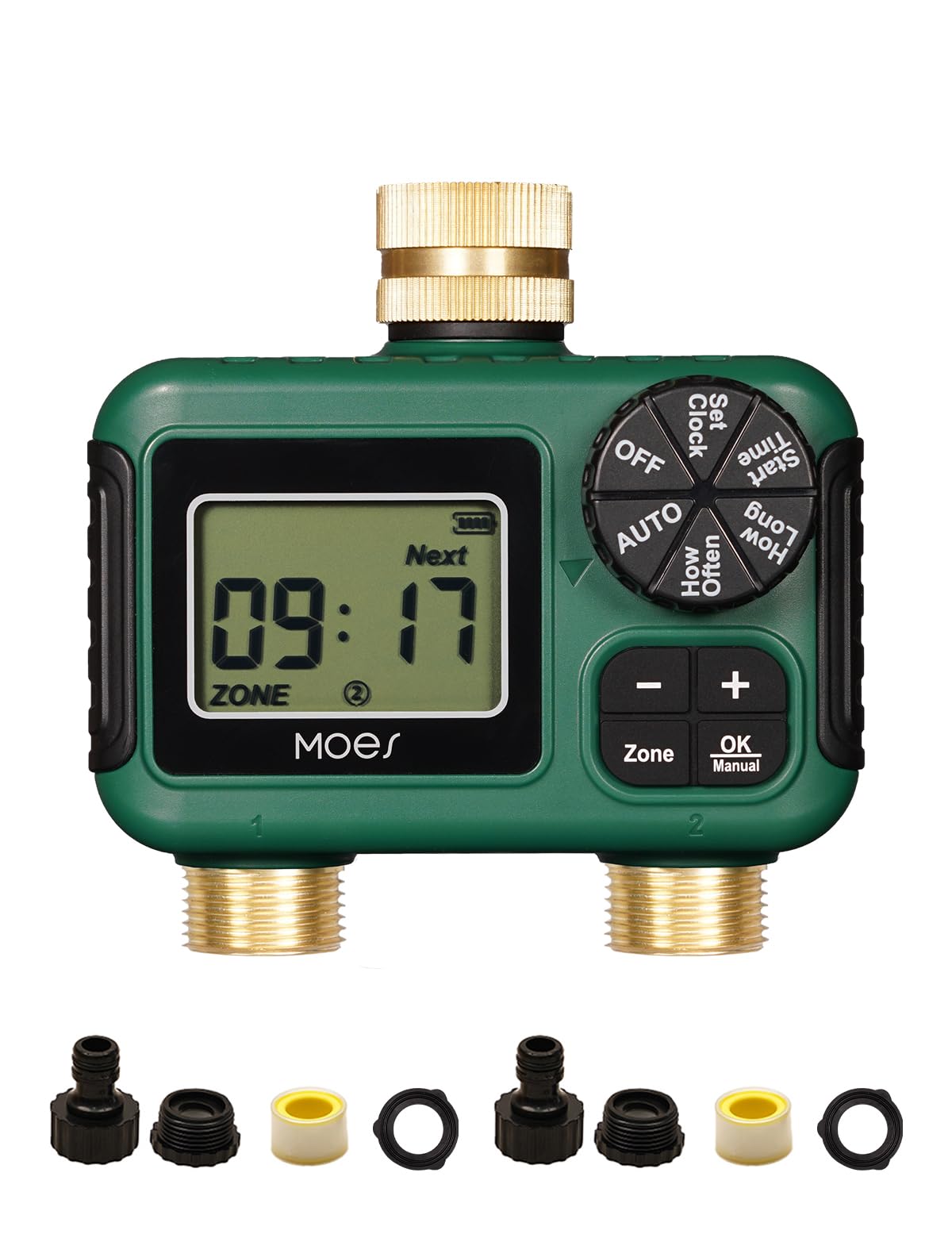 MOES 2 Zone Sprinkler Timer front view with brass inlet and green casing
