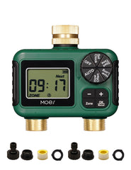 MOES 2 Zone Sprinkler Timer front view with brass inlet and green casing