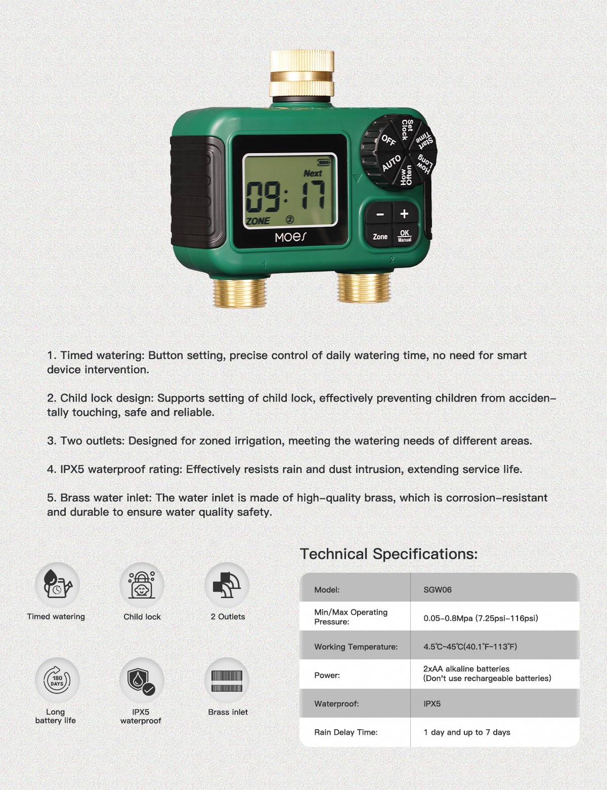MOES 2 Zone Sprinkler Timer packaging and contents