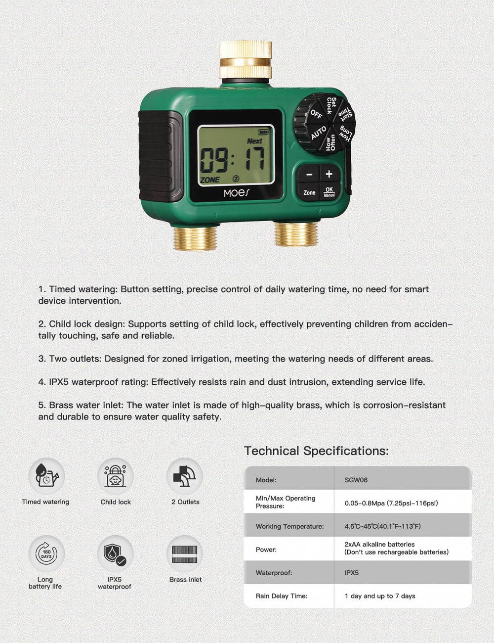MOES 2 Zone Sprinkler Timer packaging and contents