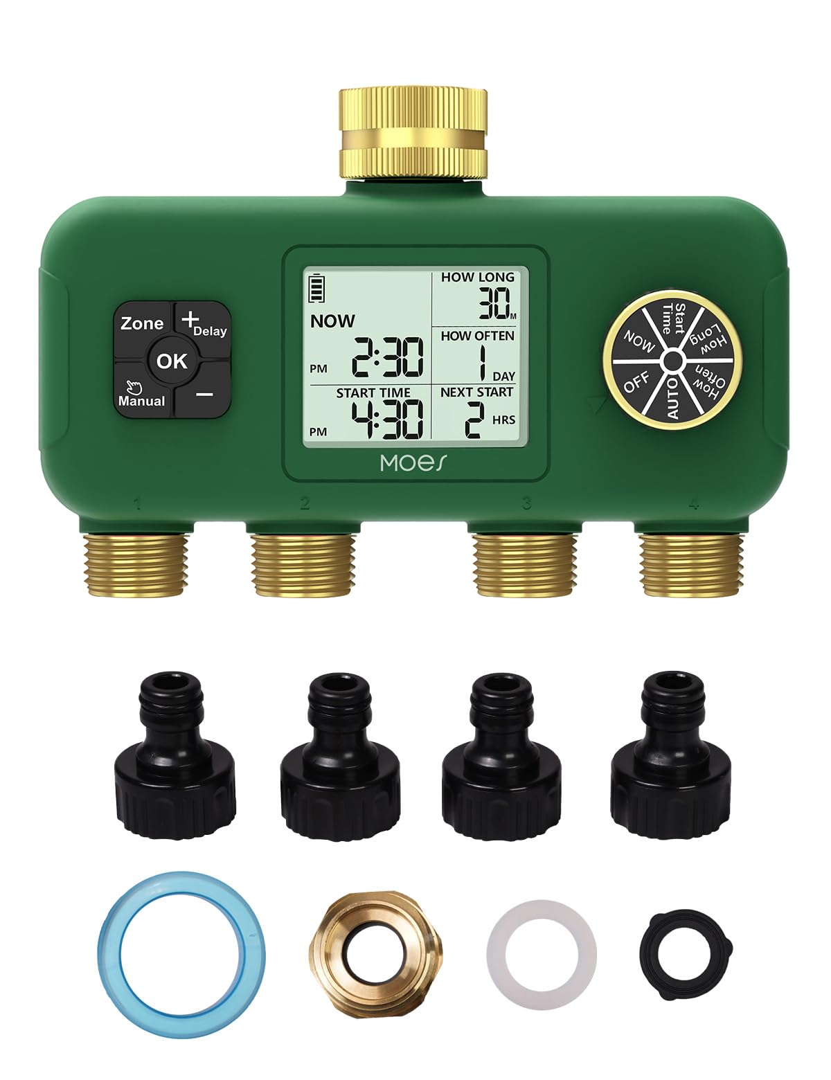MOES 4 Zone Water Timer front view with large LCD display
