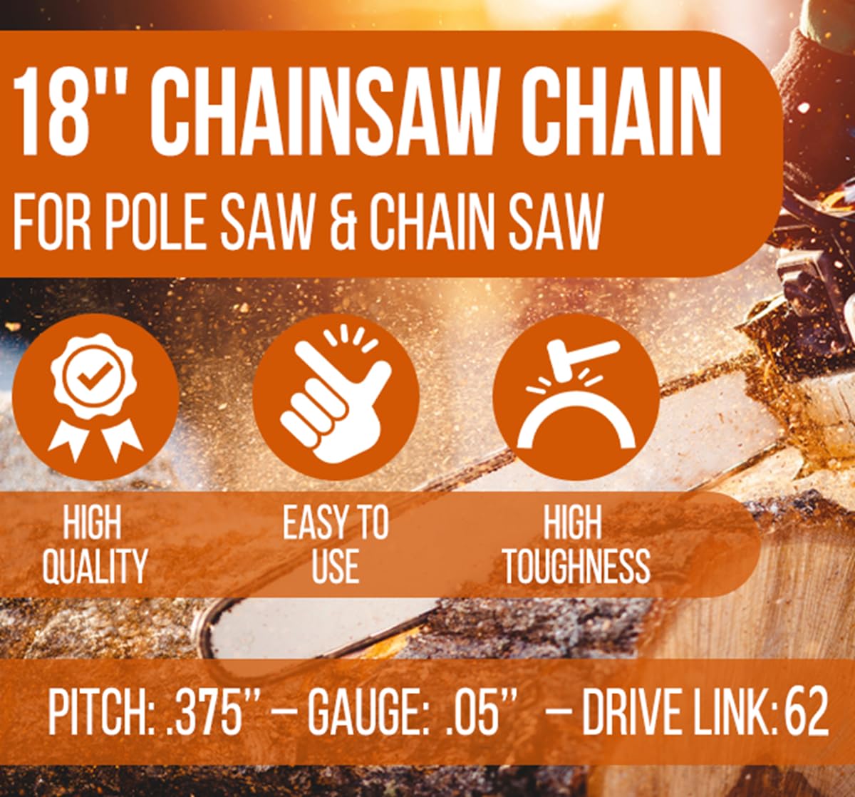 Molten 18 Inch Chainsaw Chain close-up showing German steel quality