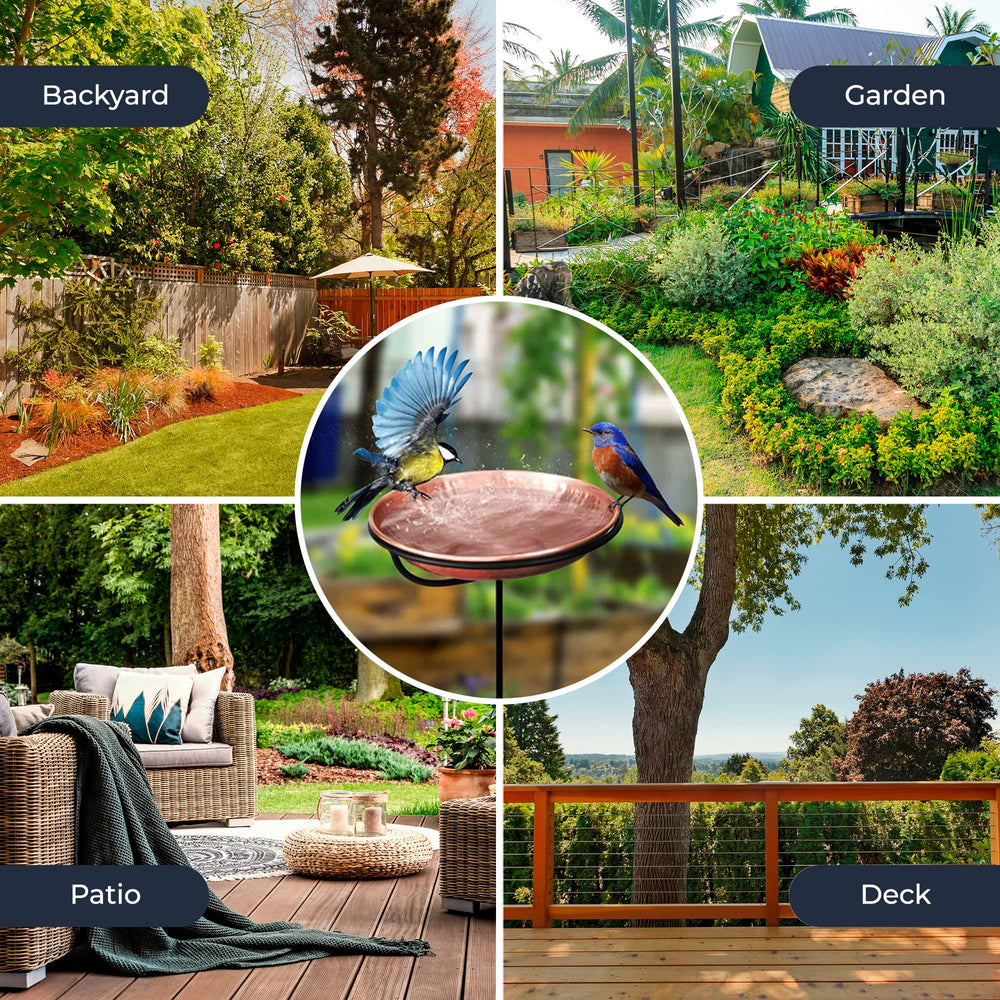 Monarch Abode Copper Bird Bath in a garden setting