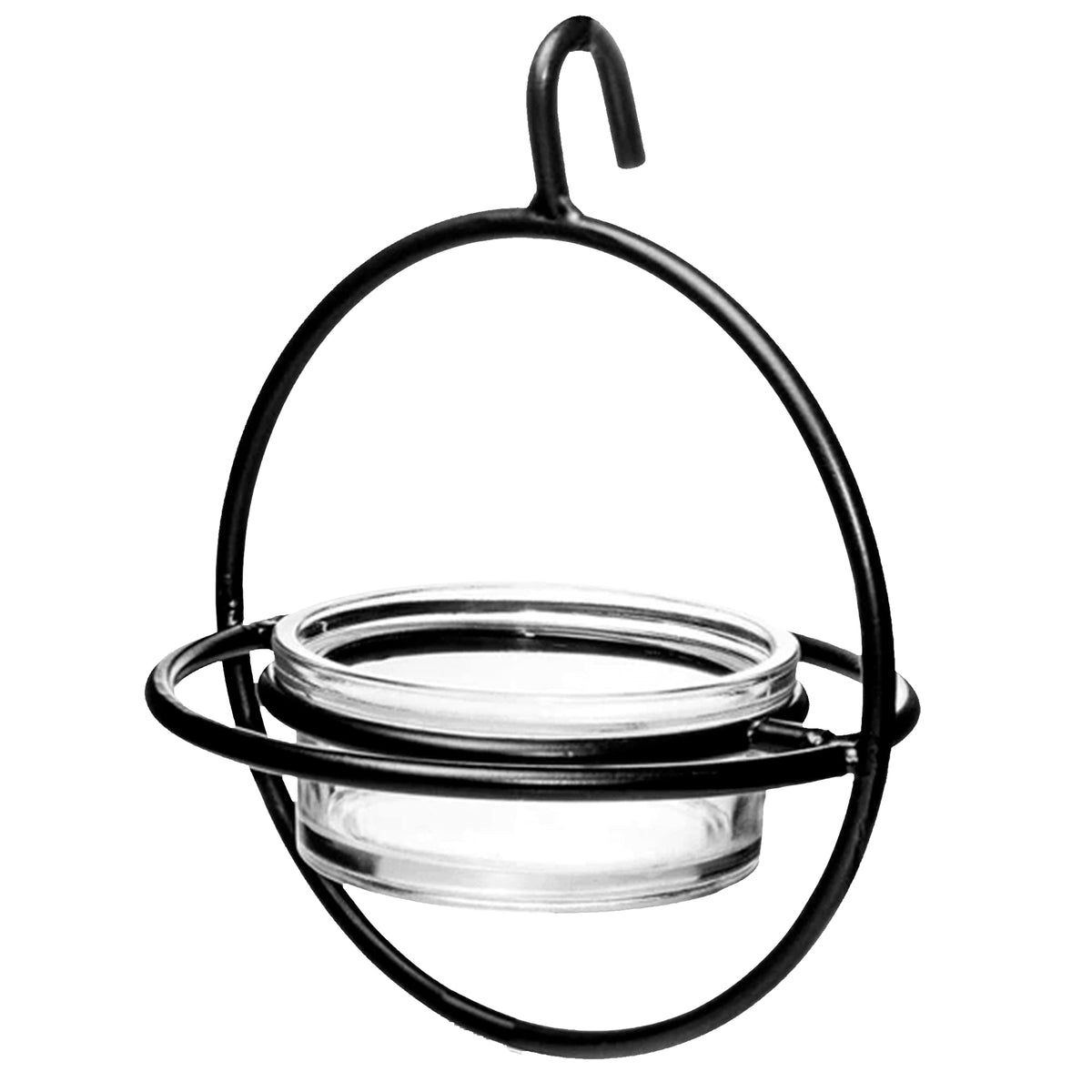 Monarch Abode Hanging Bird Feeder with clear glass bowl and black metal frame