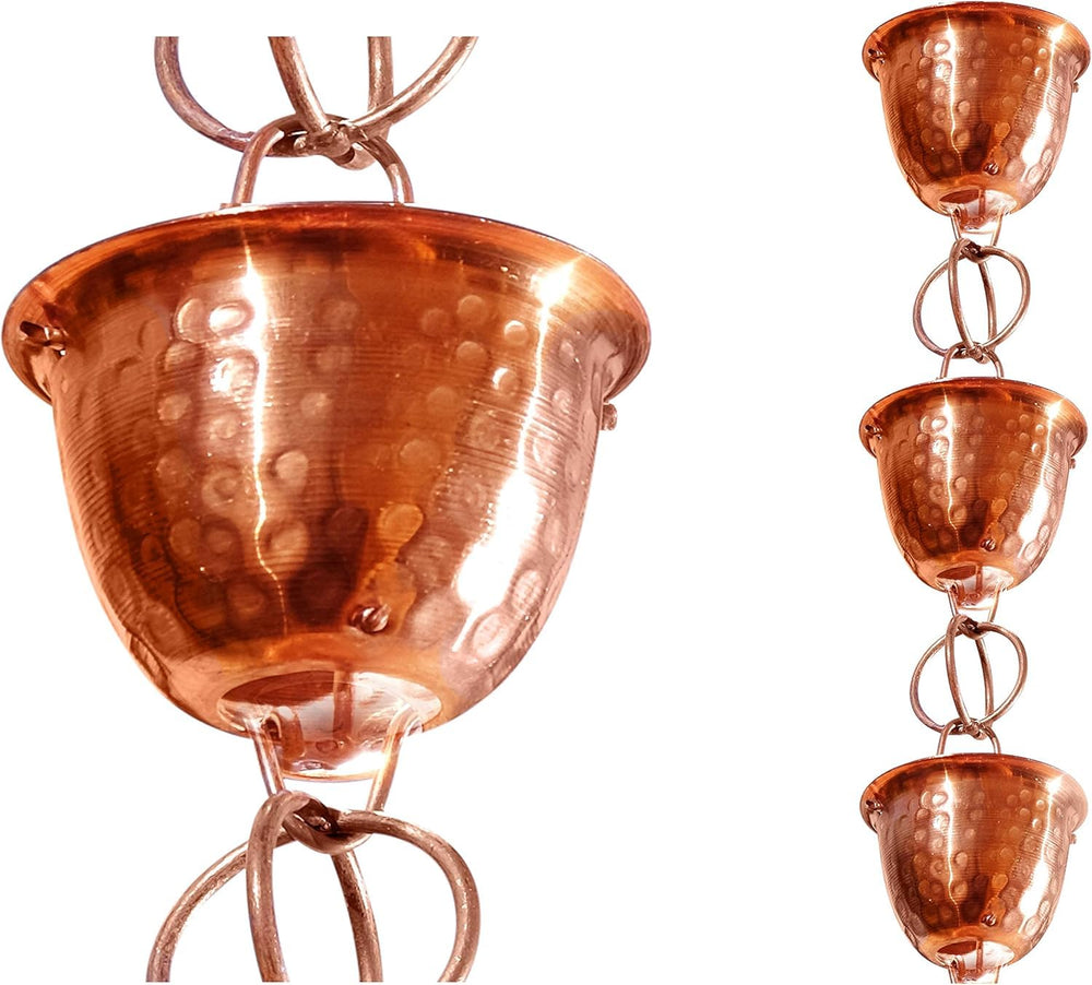 Monarch Rain Chains 8.5 ft pure copper hammered cup rain chain front view